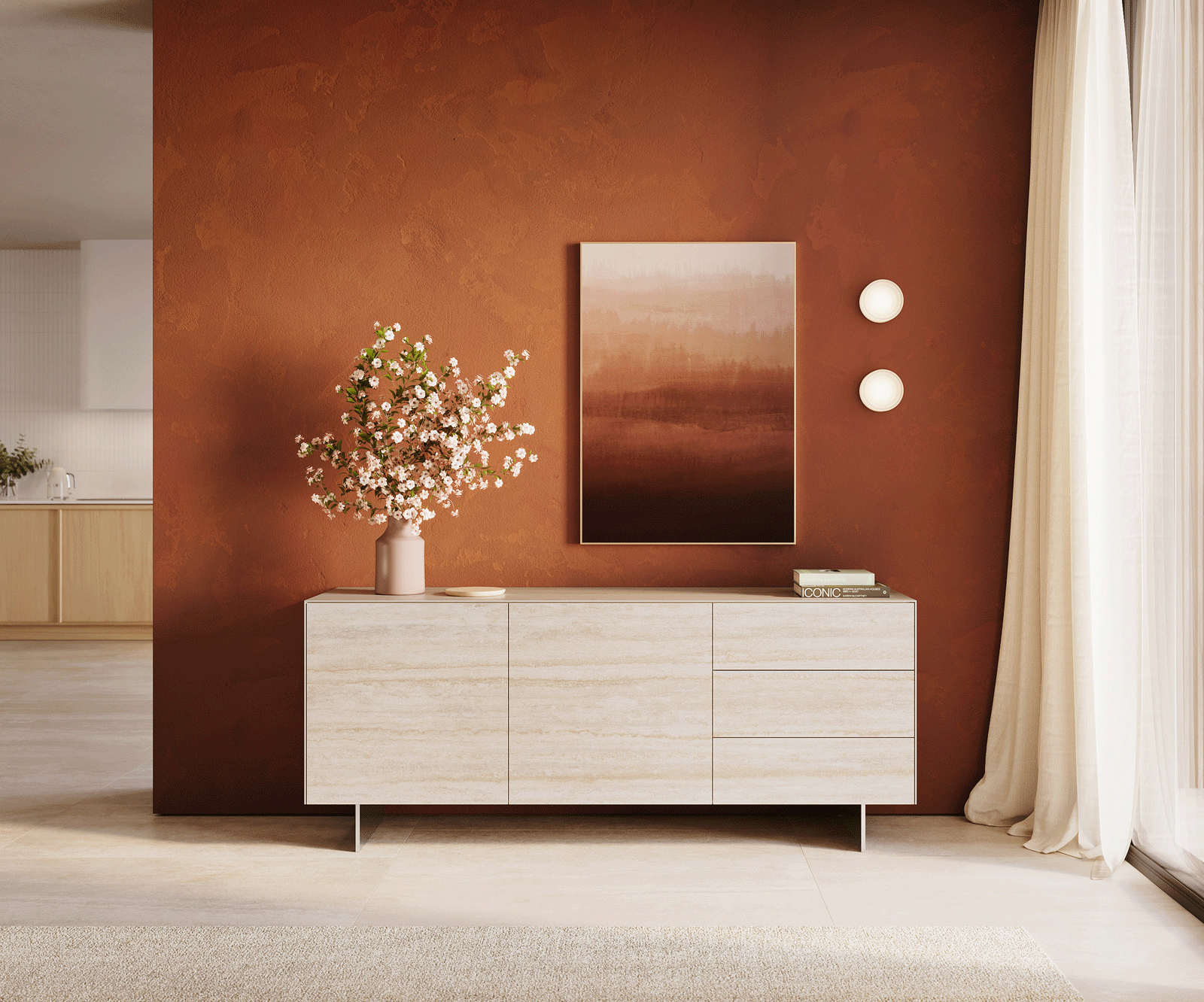 Komoda Cuor 180 cm keramika Laminam® Travertino Bianco krémově bílá 2 dvířka 3 zásuvky podnož závěsná nerezová ocel - Obrázek 2