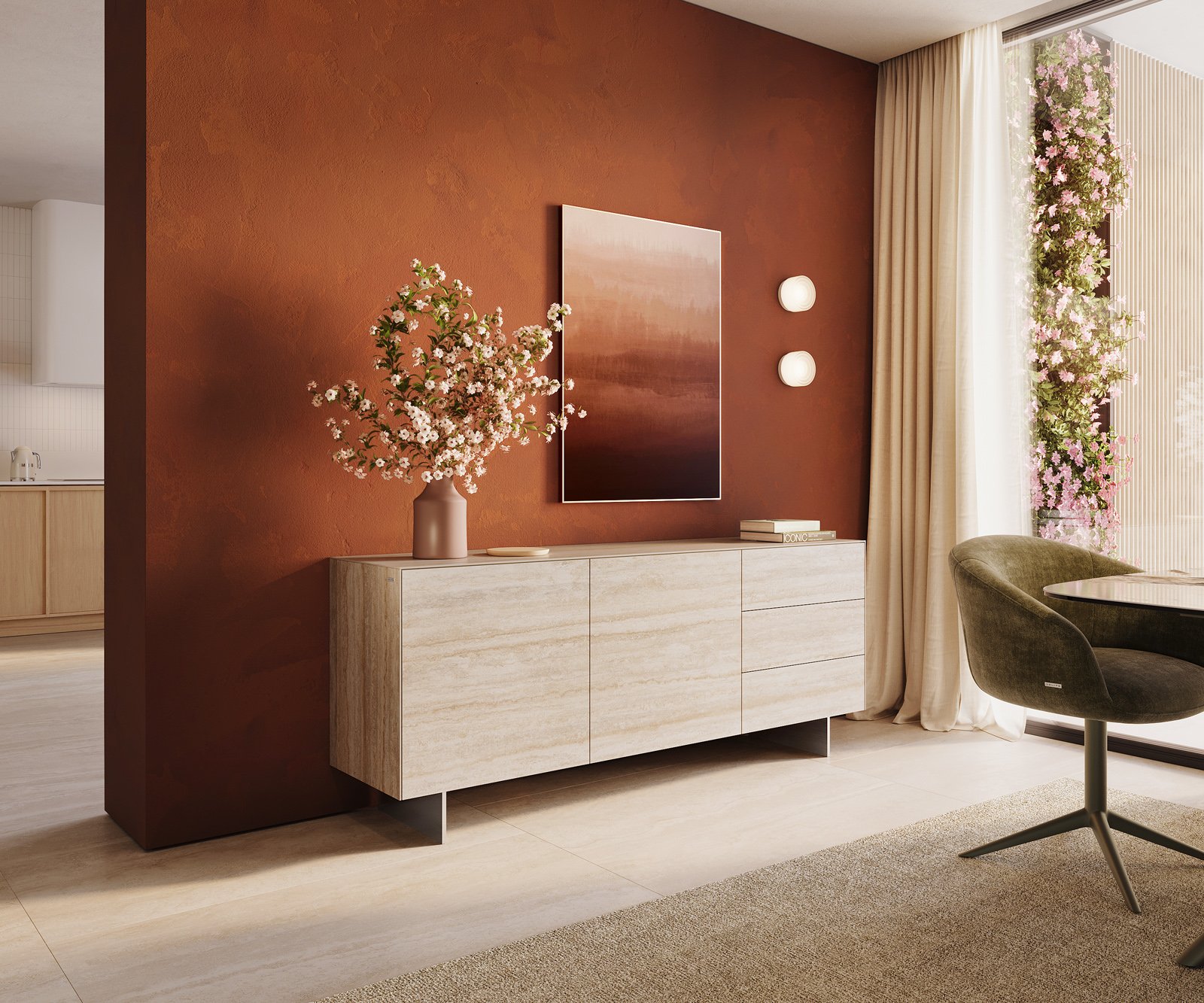 Komoda Cuor 180 cm keramika Laminam® Travertino Bianco krémově bílá 2 dvířka 3 zásuvky podnož závěsná nerezová ocel