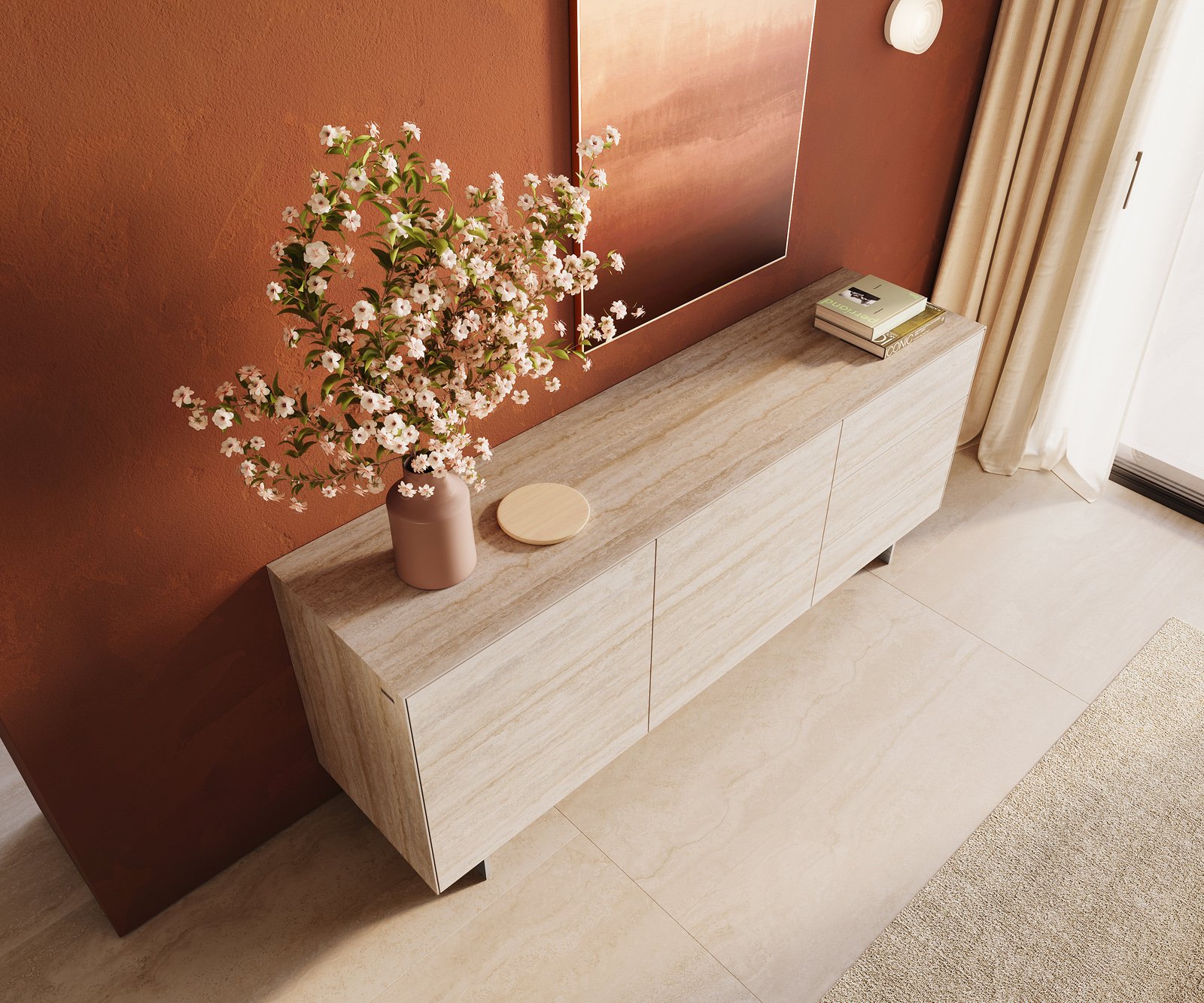 Komoda Cuor 180 cm keramika Laminam® Travertino Bianco krémově bílá 2 dvířka 3 zásuvky podnož závěsná nerezová ocel - Obrázek 4