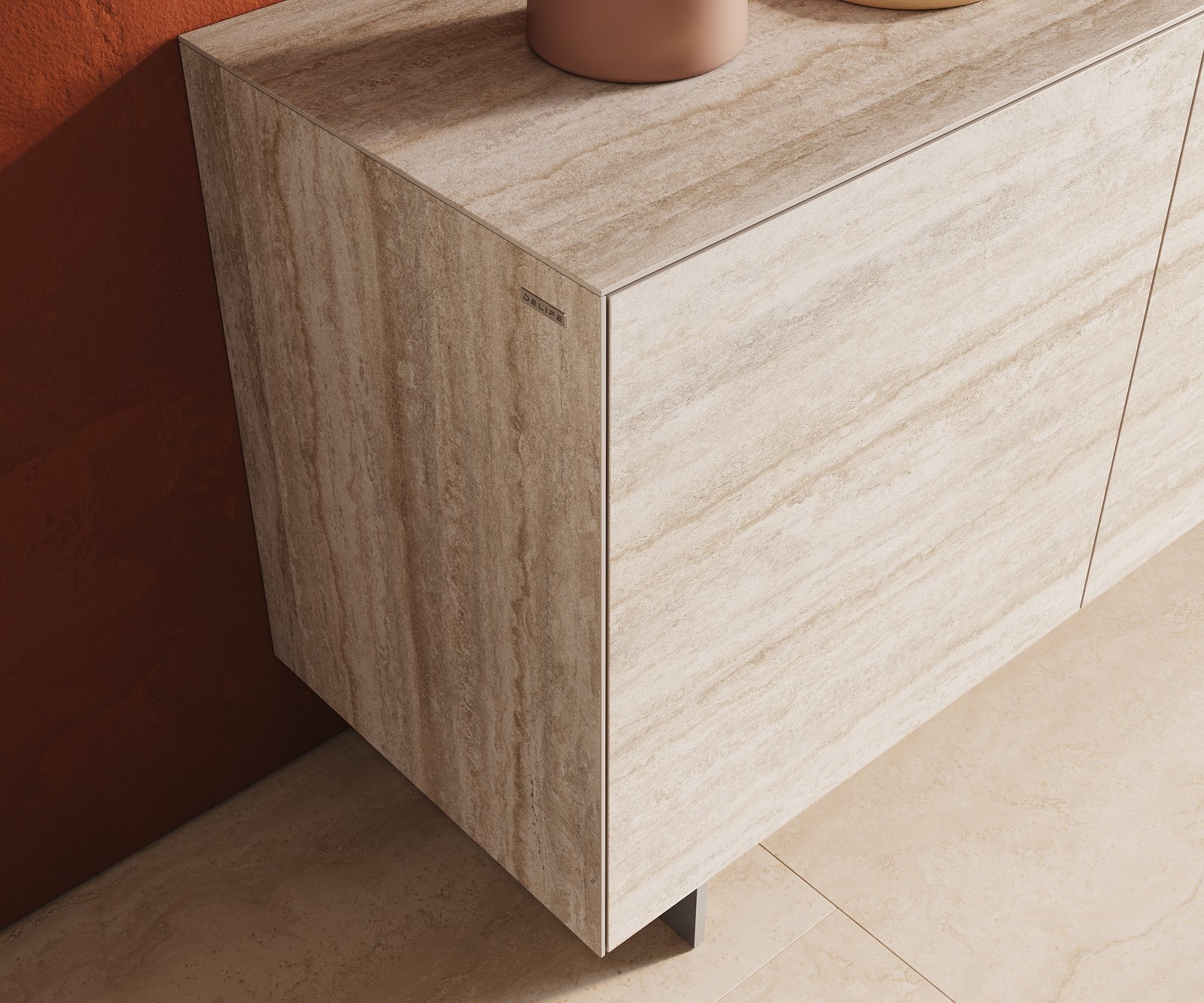 Komoda Cuor 180 cm keramika Laminam® Travertino Bianco krémově bílá 2 dvířka 3 zásuvky podnož závěsná nerezová ocel - Obrázek 6