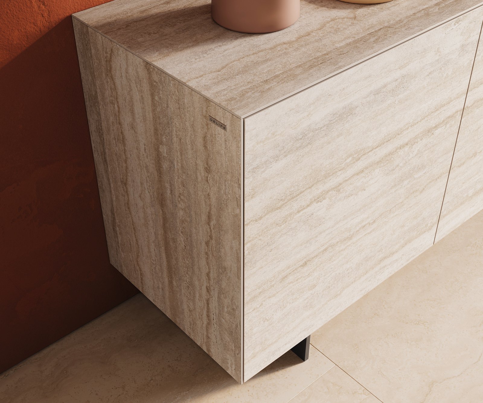 Komoda Cuor 180 cm keramika Laminam® Travertino Bianco krémově bílá 2 dvířka 3 zásuvky podnož závěsná kov černá - Obrázek 6