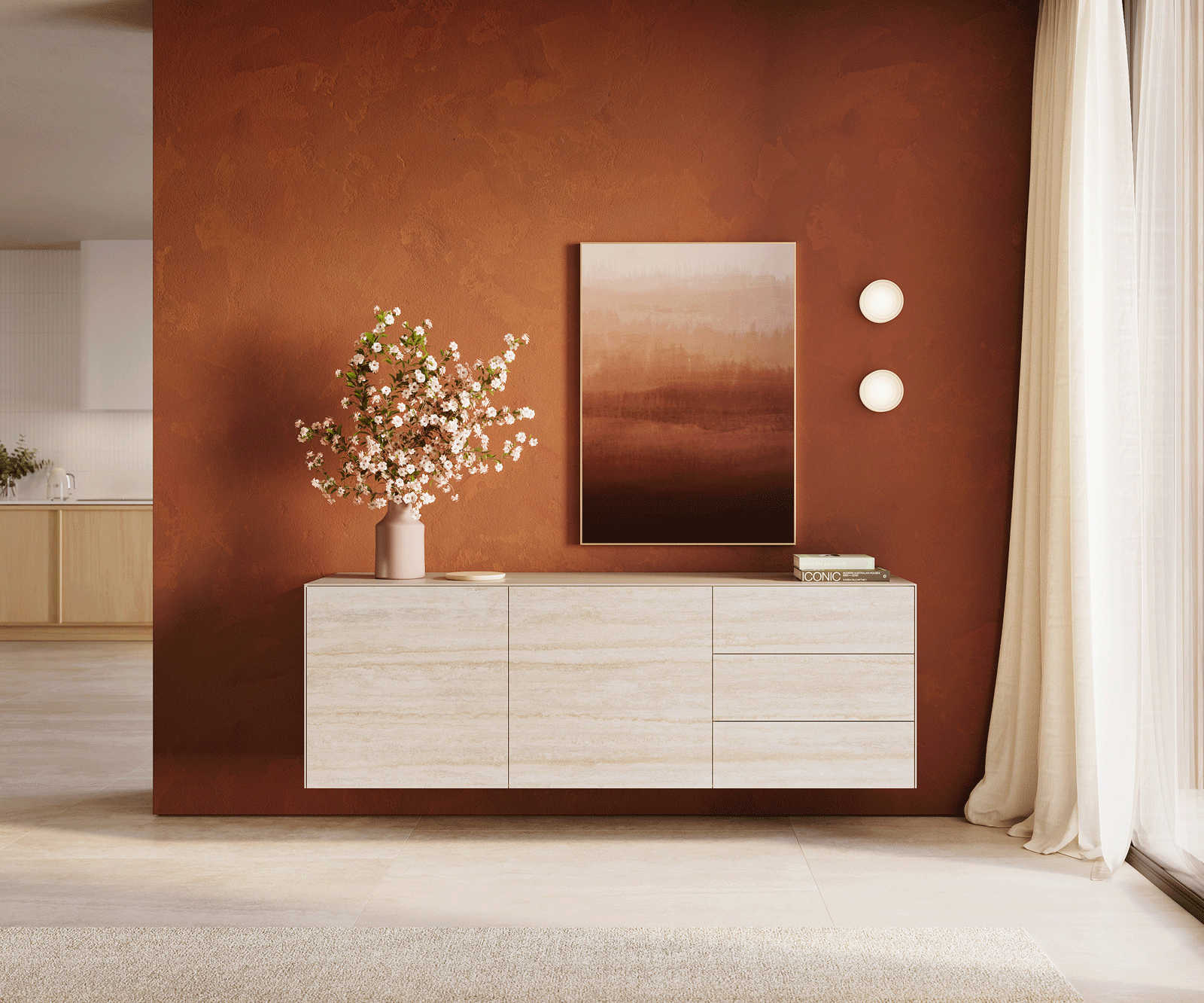 Komoda Cuor 180 cm keramika Laminam® Travertino Bianco krémově bílá 2 dvířka 3 zásuvky závěsná - Obrázek 2