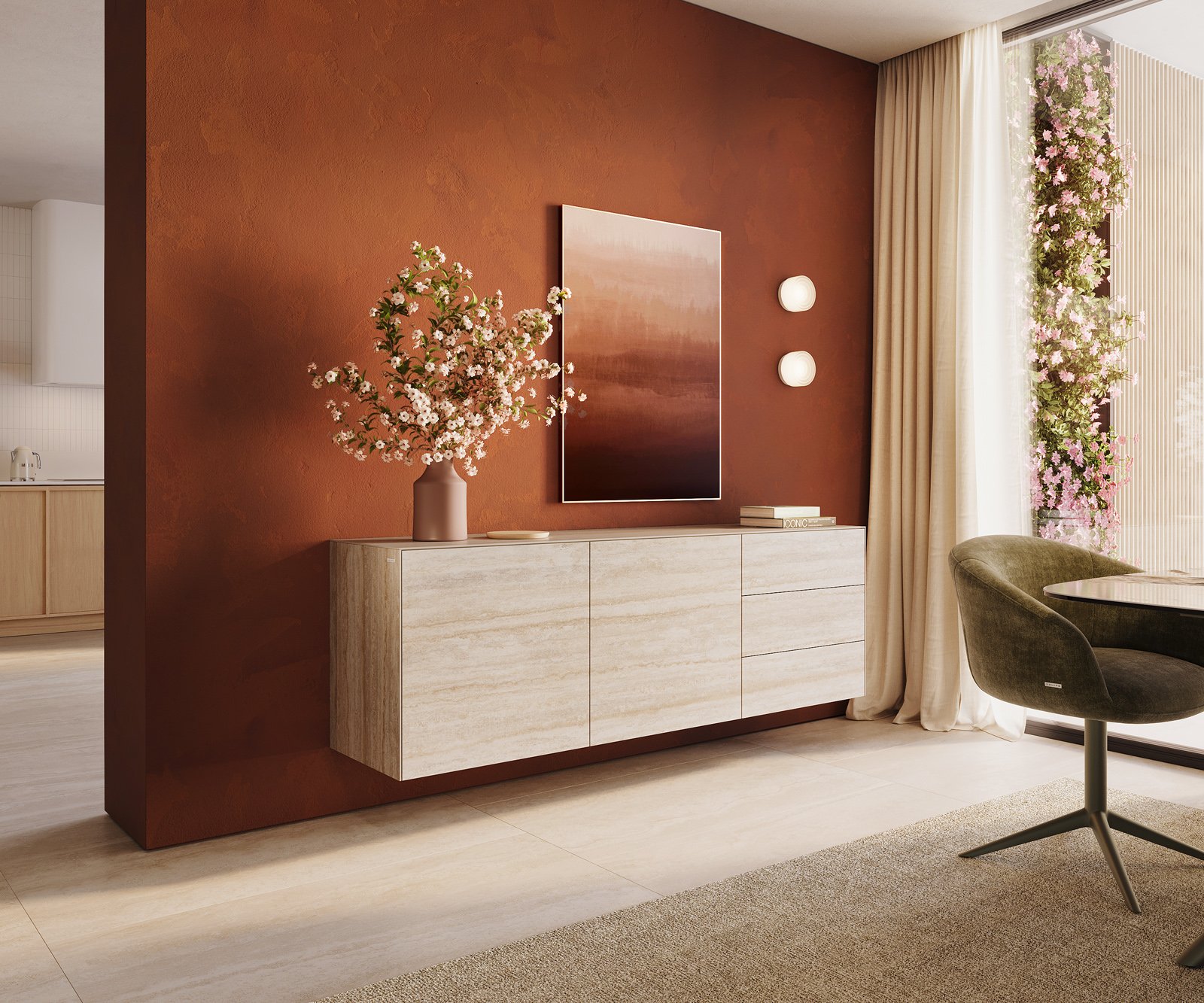 Komoda Cuor 180 cm keramika Laminam® Travertino Bianco krémově bílá 2 dvířka 3 zásuvky závěsná