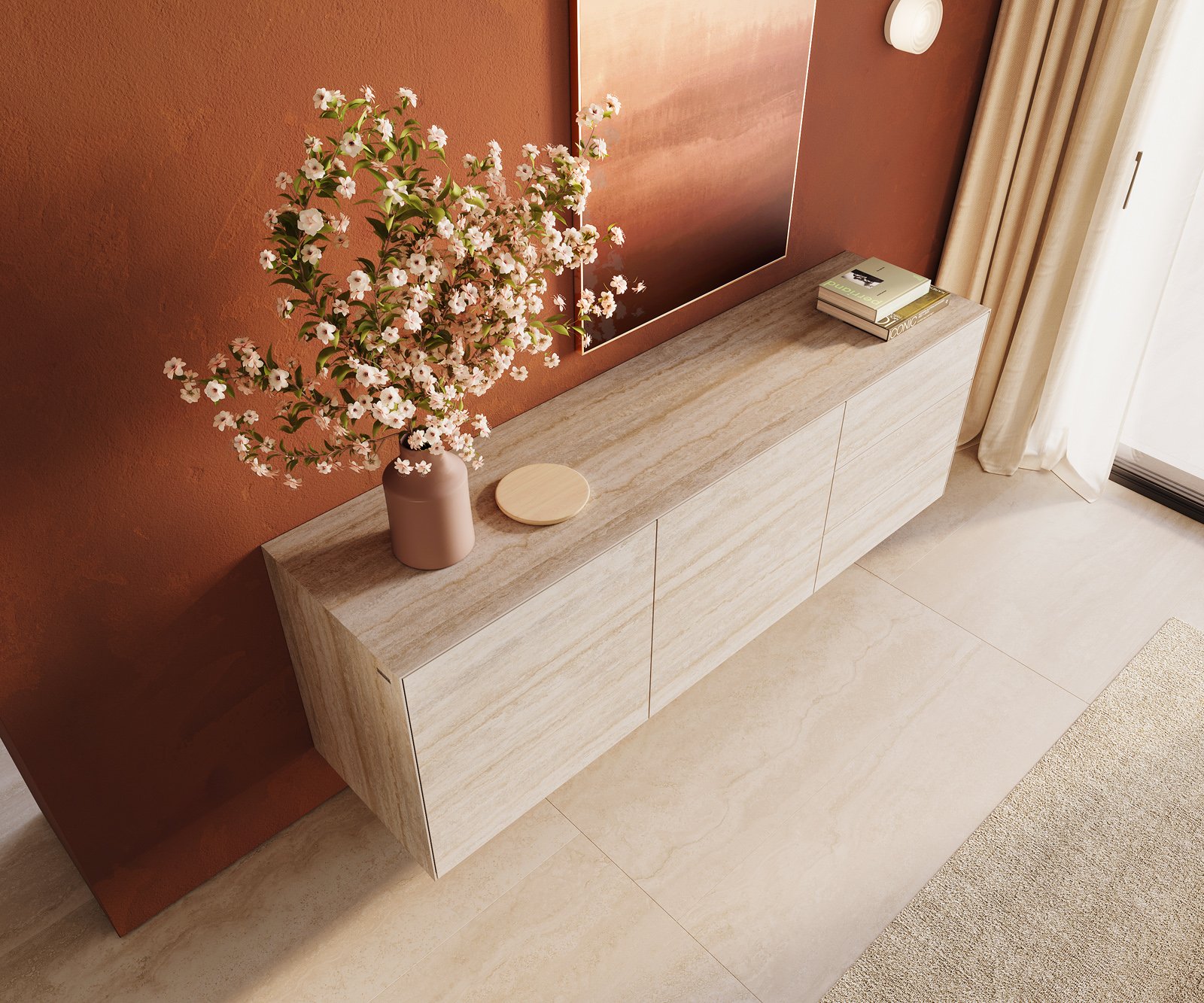 Komoda Cuor 180 cm keramika Laminam® Travertino Bianco krémově bílá 2 dvířka 3 zásuvky závěsná - Obrázek 4
