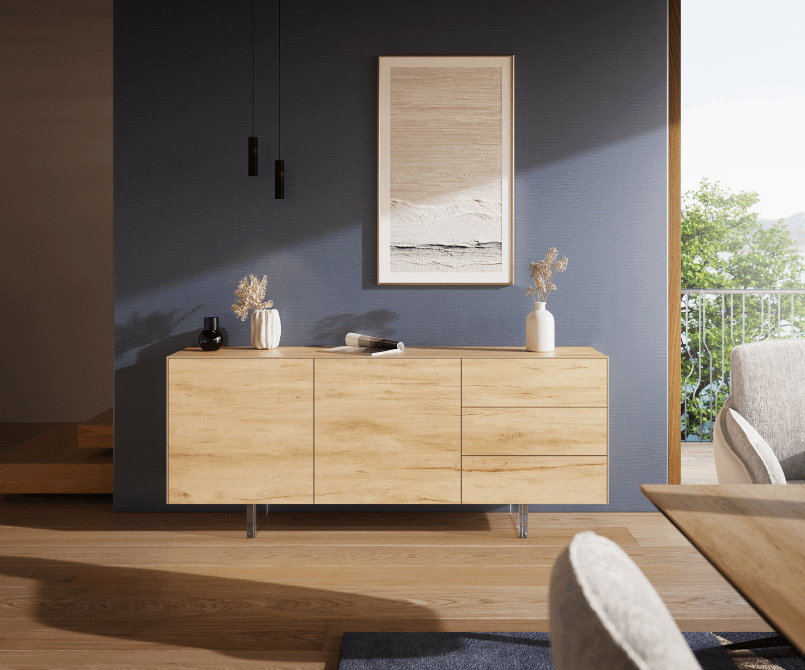 Komoda Cuor 180 cm keramika Laminam® Sabbia dubová 2 dvířka 3 zásuvky podnož závěsná akrylglas - Obrázek 2