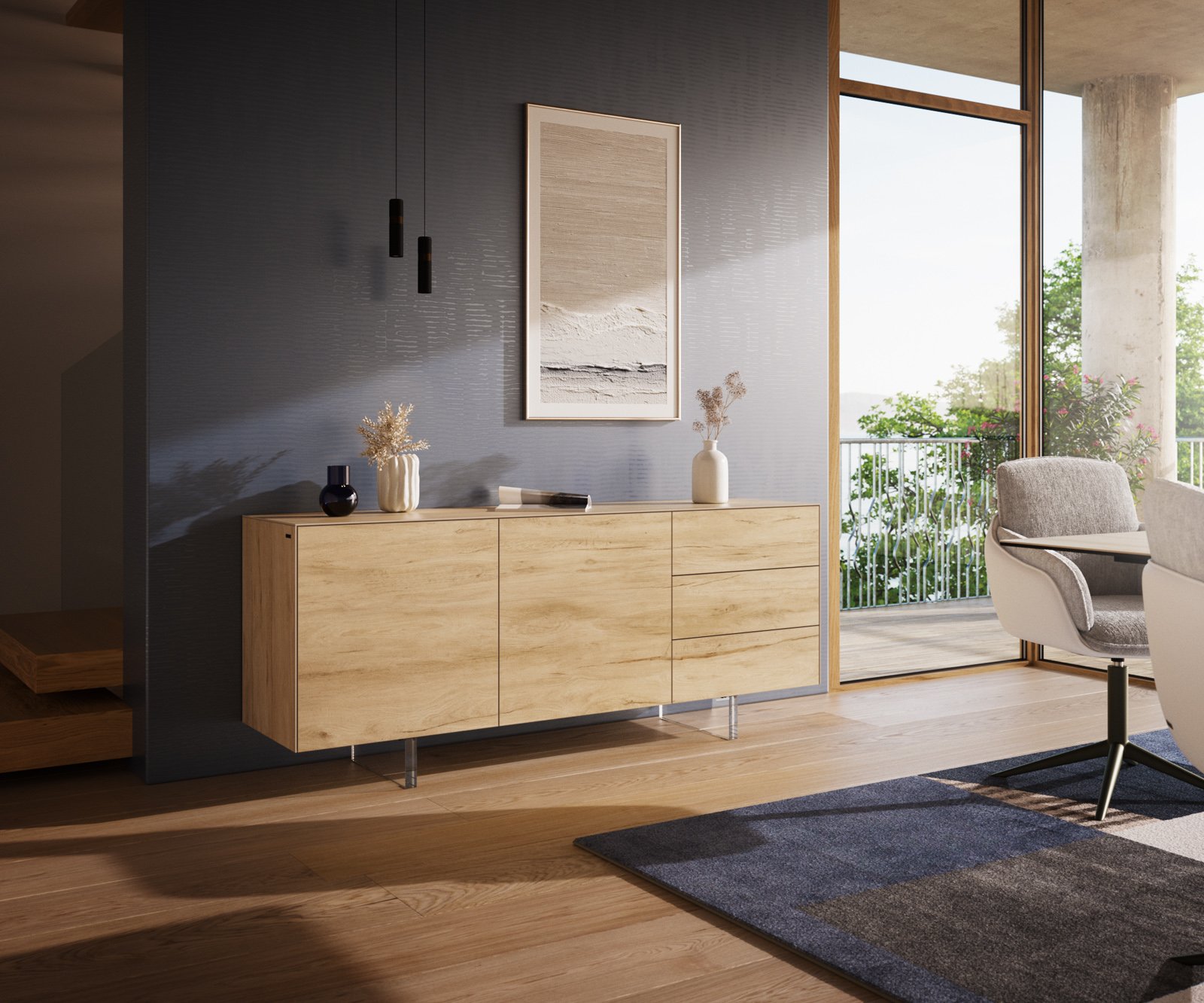 Komoda Cuor 180 cm keramika Laminam® Sabbia dubová 2 dvířka 3 zásuvky podnož závěsná akrylglas