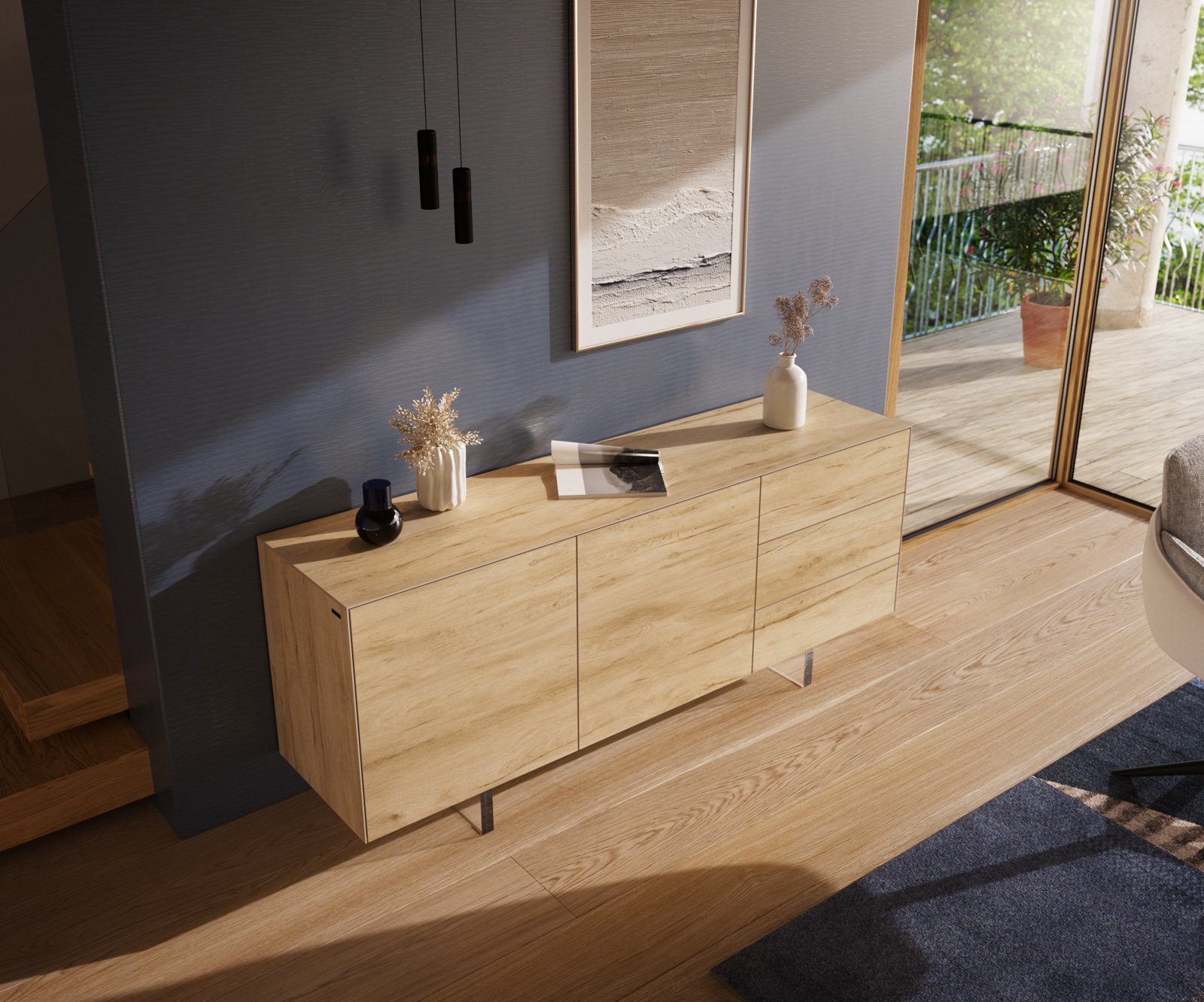 Komoda Cuor 180 cm keramika Laminam® Sabbia dubová 2 dvířka 3 zásuvky podnož závěsná akrylglas - Obrázek 4