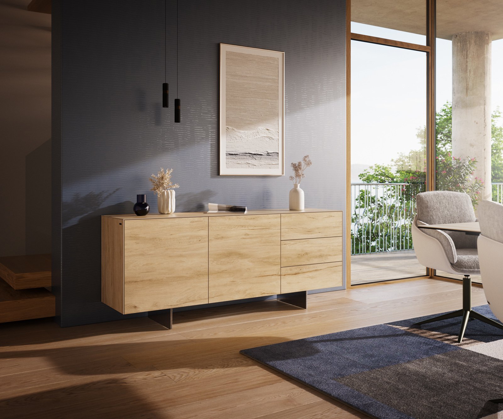 Komoda Cuor 180 cm keramika Laminam® Sabbia dubová 2 dvířka 3 zásuvky podnož závěsná nerezová ocel