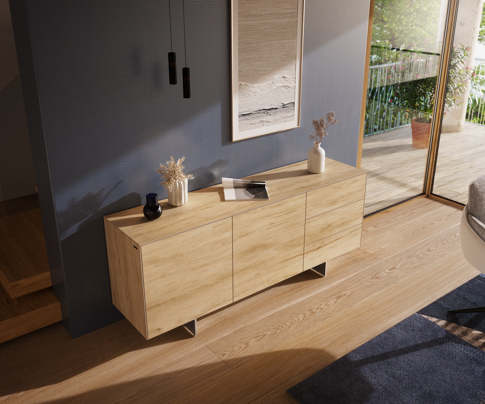Komoda Cuor 180 cm keramika Laminam® Sabbia dubová 2 dvířka 3 zásuvky podnož závěsná nerezová ocel - Obrázek 4