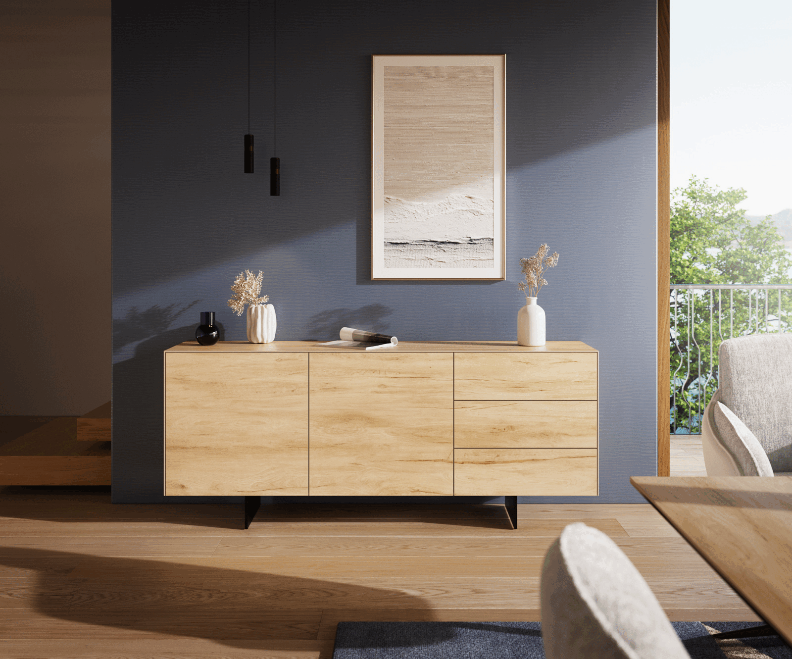 Komoda Cuor 180 cm keramika Laminam® Sabbia dubová 2 dvířka 3 zásuvky podnož závěsná kov černá - Obrázek 2