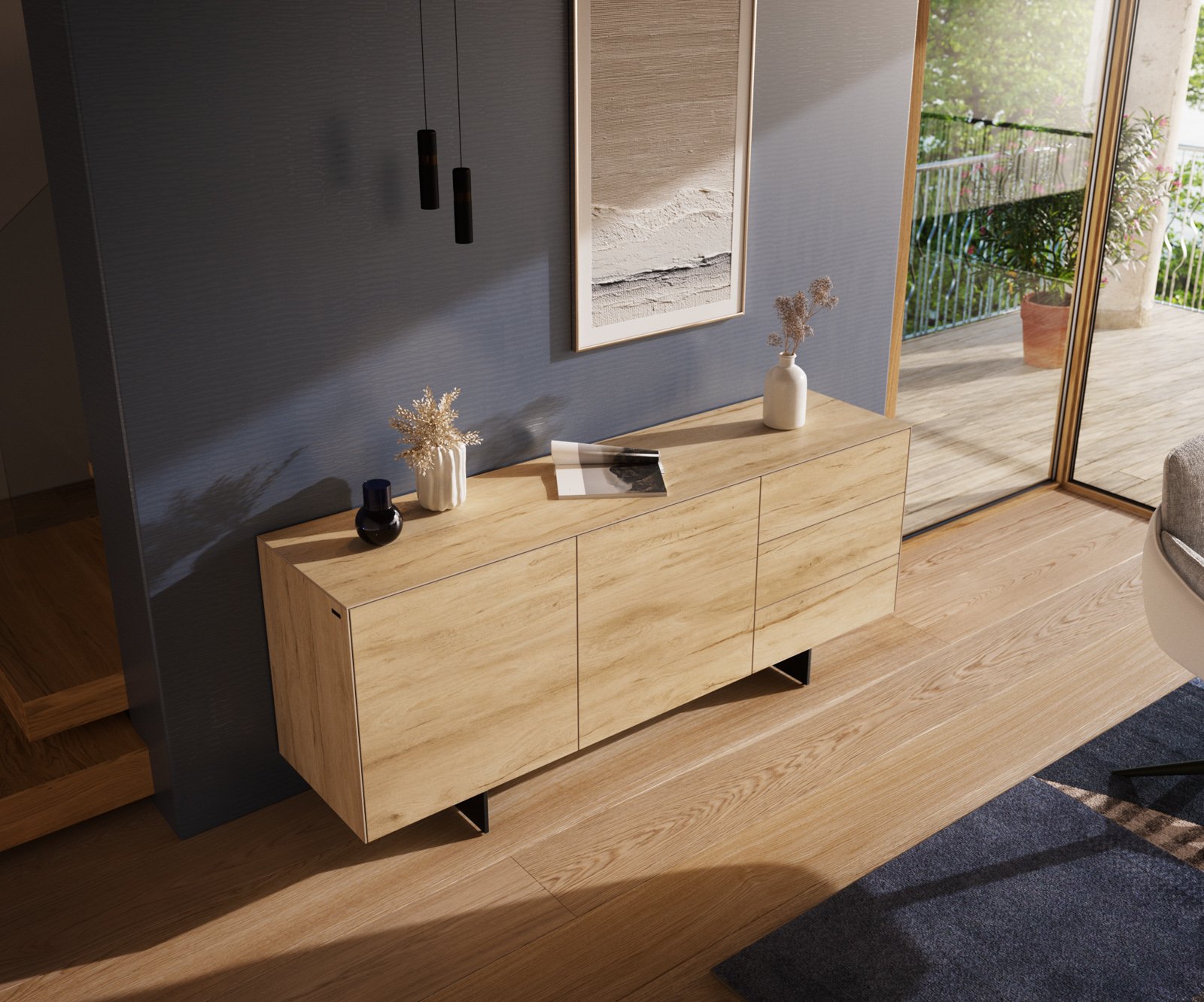 Komoda Cuor 180 cm keramika Laminam® Sabbia dubová 2 dvířka 3 zásuvky podnož závěsná kov černá - Obrázek 4
