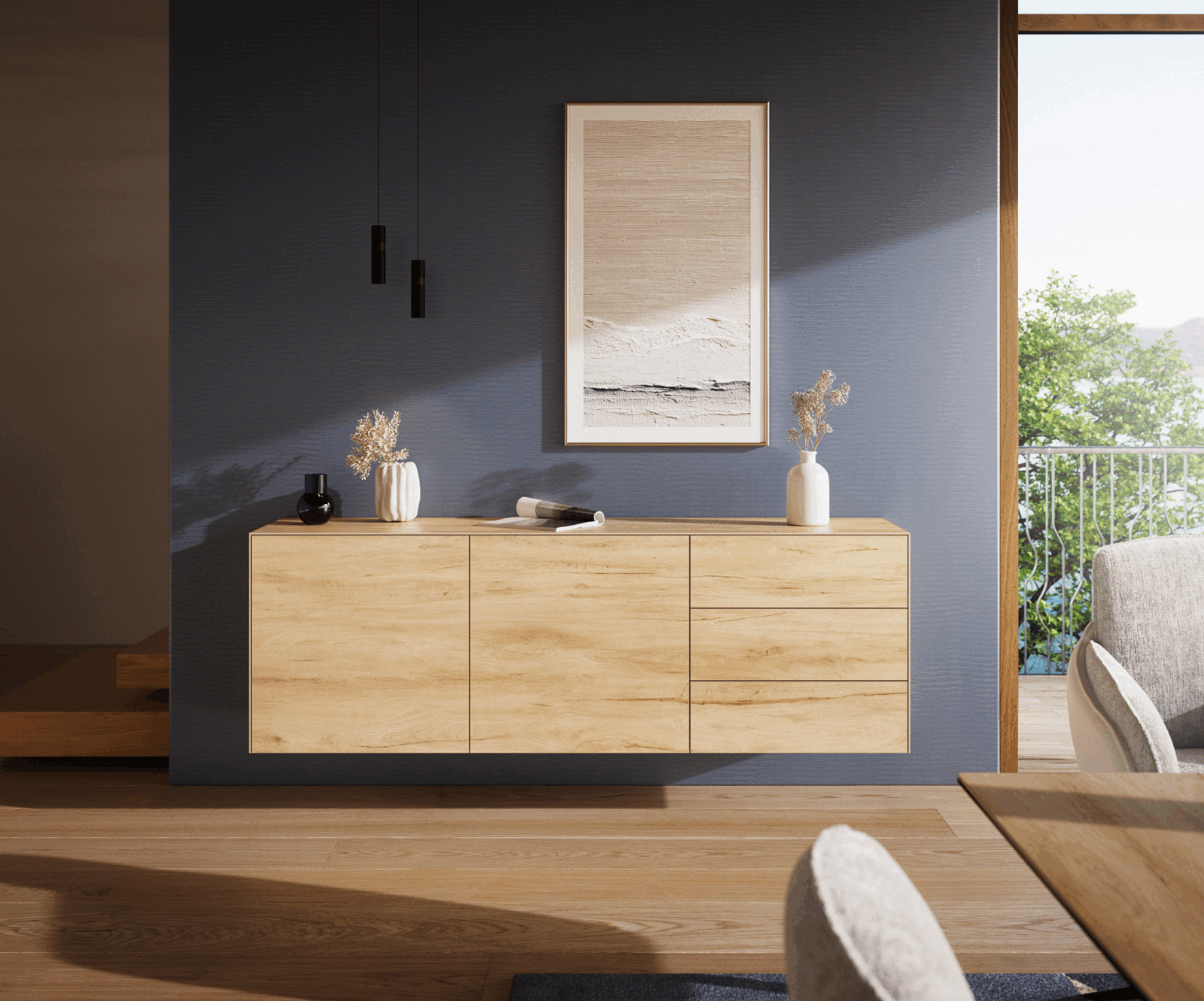 Komoda Cuor 180 cm keramika Laminam® Sabbia dubová 2 dvířka 3 zásuvky závěsná - Obrázek 2