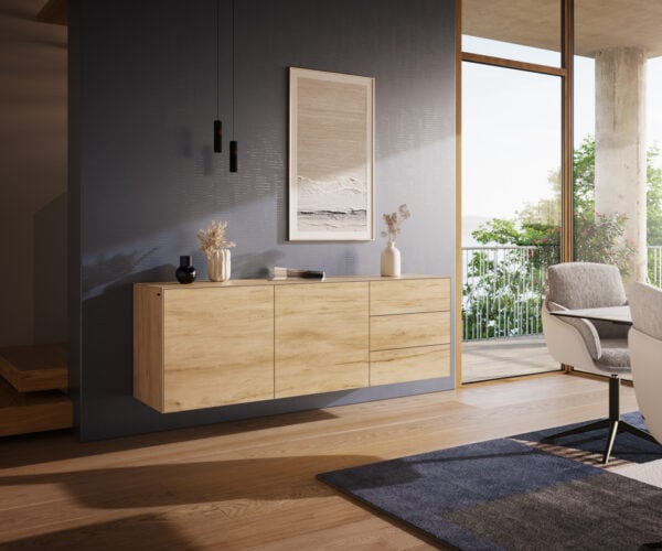 Komoda Cuor 180 cm keramika Laminam® Sabbia dubová 2 dvířka 3 zásuvky závěsná