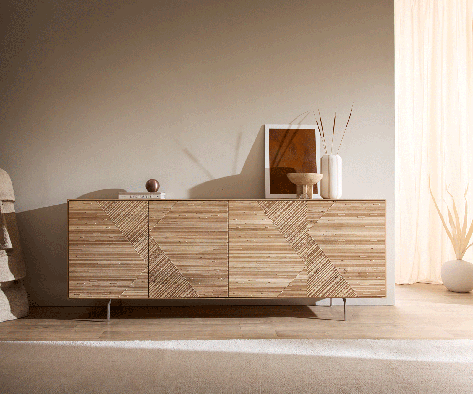 Komoda Tereos 200 cm dub přírodní 3D efekt 4 dvířka podnož ve tvaru L nerezová ocel broušená - Obrázek 5