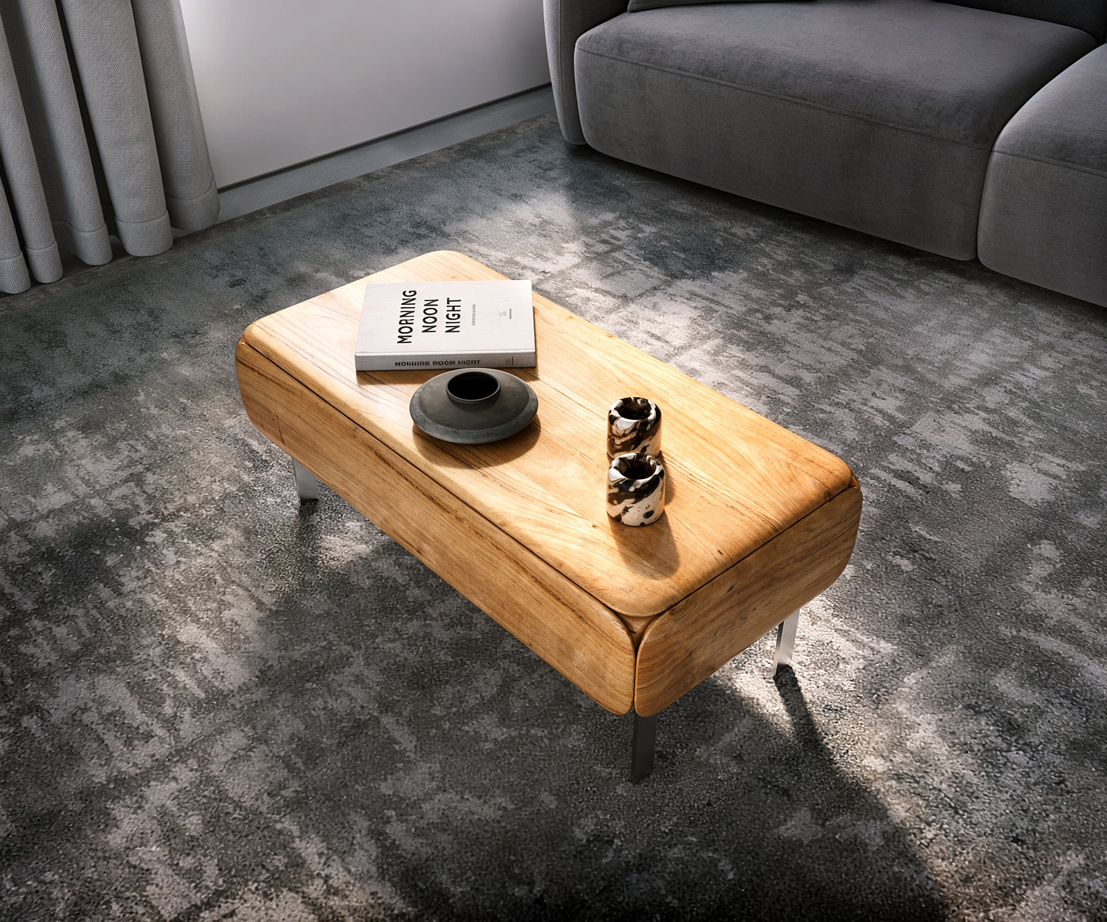 Konferenční stolek Shavani 100x50 cm akácie přírodní 2 zásuvky podnož ve tvaru L nerezová ocel stříbrná - Obrázek 5