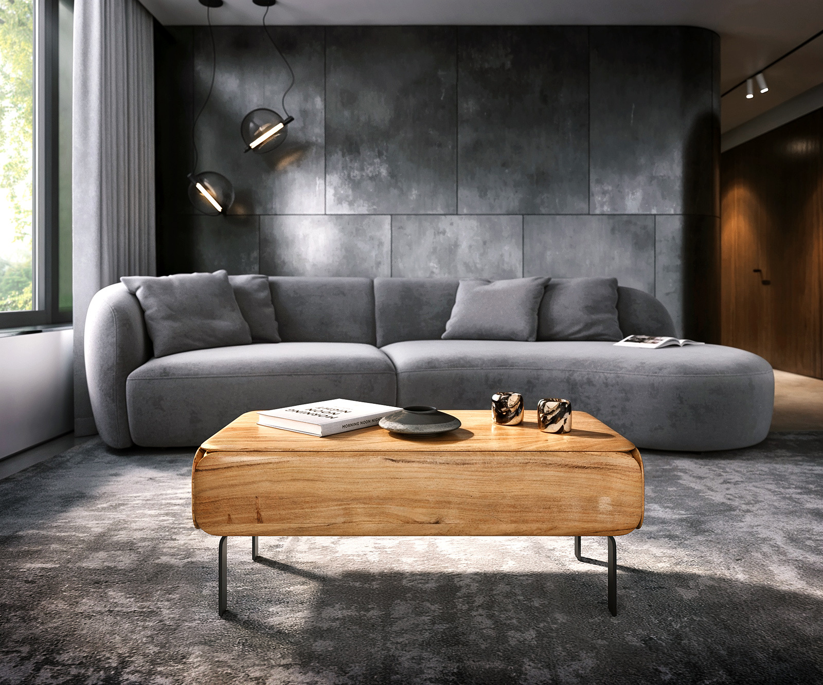 Konferenční stolek Shavani 100x50 cm akácie přírodní 2 zásuvky podnož ve tvaru L kov černá - Obrázek 2