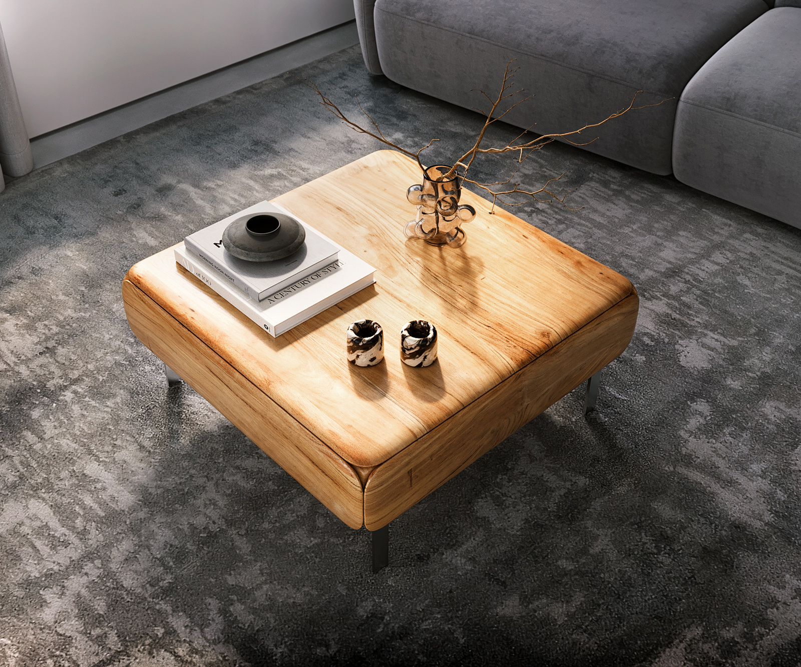 Konferenční stolek Shavani 90x90 cm akácie přírodní 2 dvířka podnož ve tvaru L nerezová ocel stříbrná - Obrázek 5