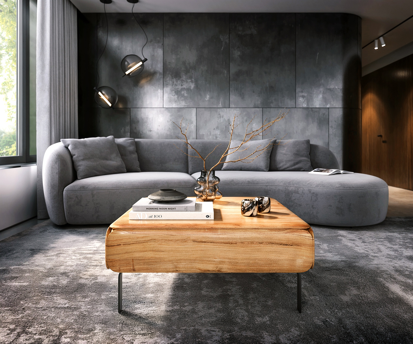 Konferenční stolek Shavani 90x90 cm akácie přírodní 2 dvířka podnož ve tvaru L kov černá - Obrázek 2