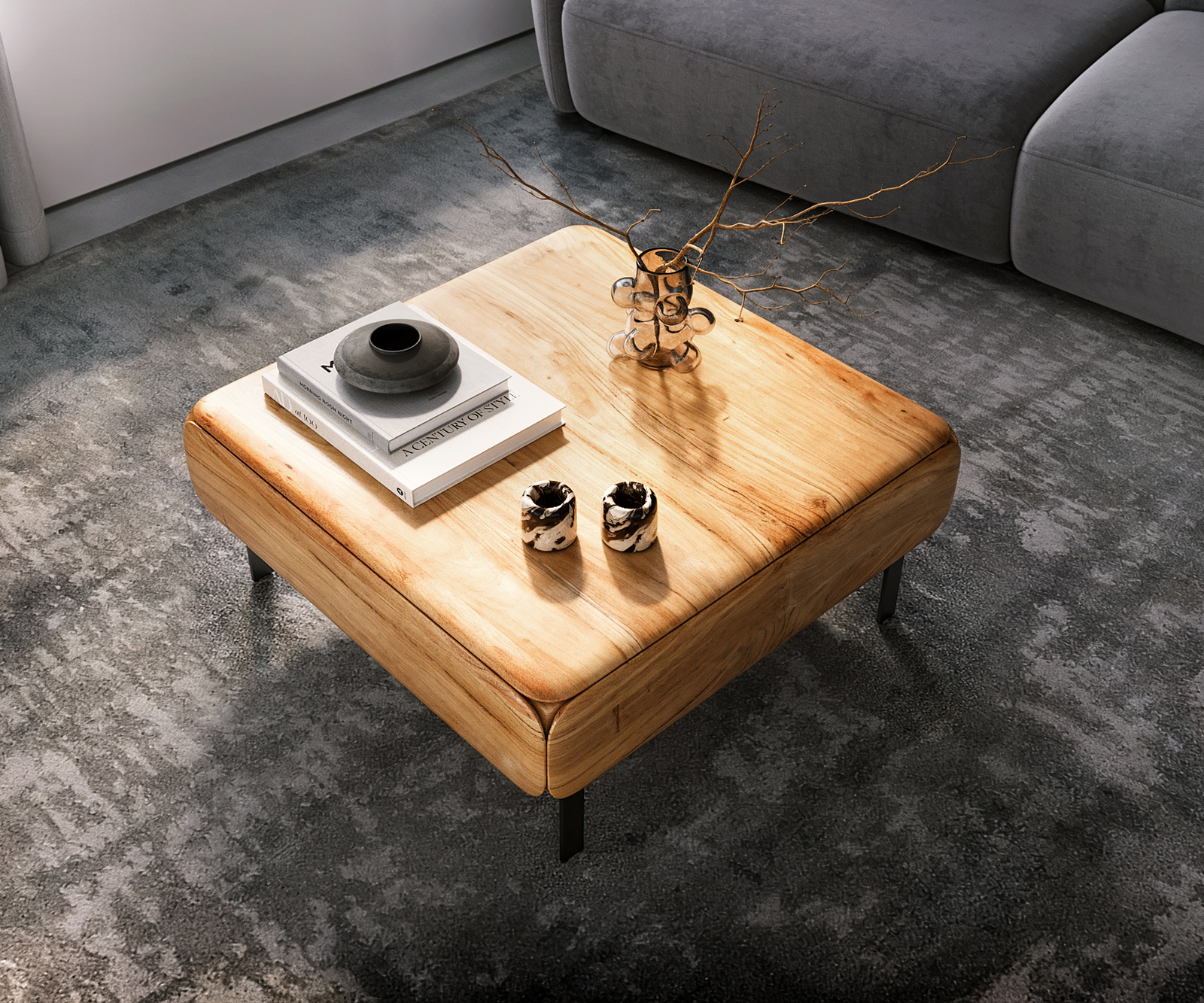 Konferenční stolek Shavani 90x90 cm akácie přírodní 2 dvířka podnož ve tvaru L kov černá - Obrázek 5