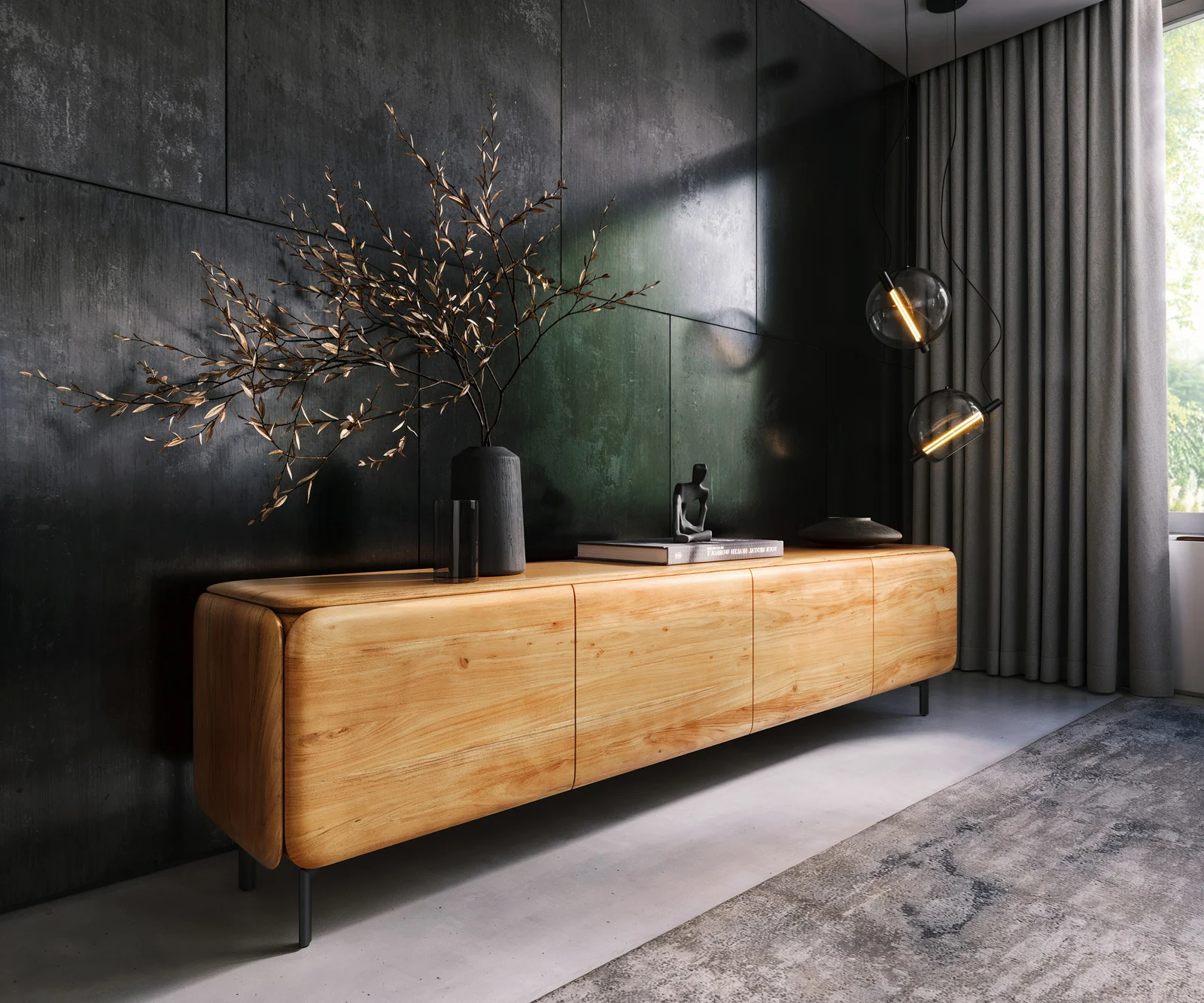 TV stolek Shavani 220 cm akácie přírodní 4 dvířka podnož oválná kov černá