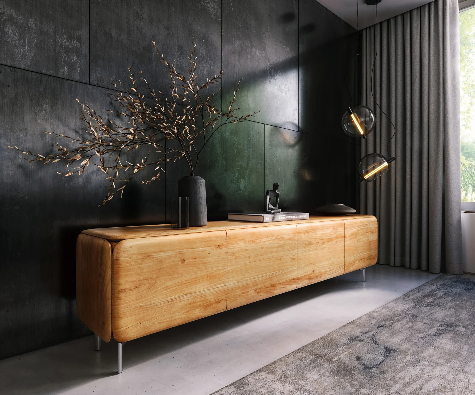 TV stolek Shavani 220 cm akácie přírodní 4 dvířka noha oválná nerezová ocel