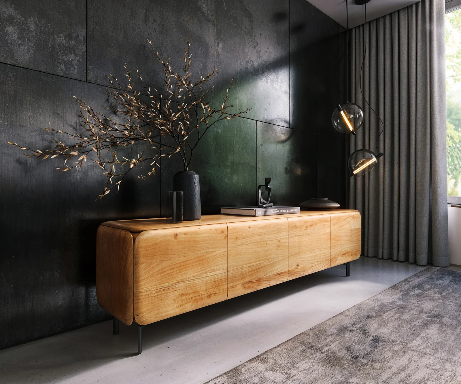 TV stolek Shavani 200 cm akácie přírodní 4 dvířka podnož oválná kov černá