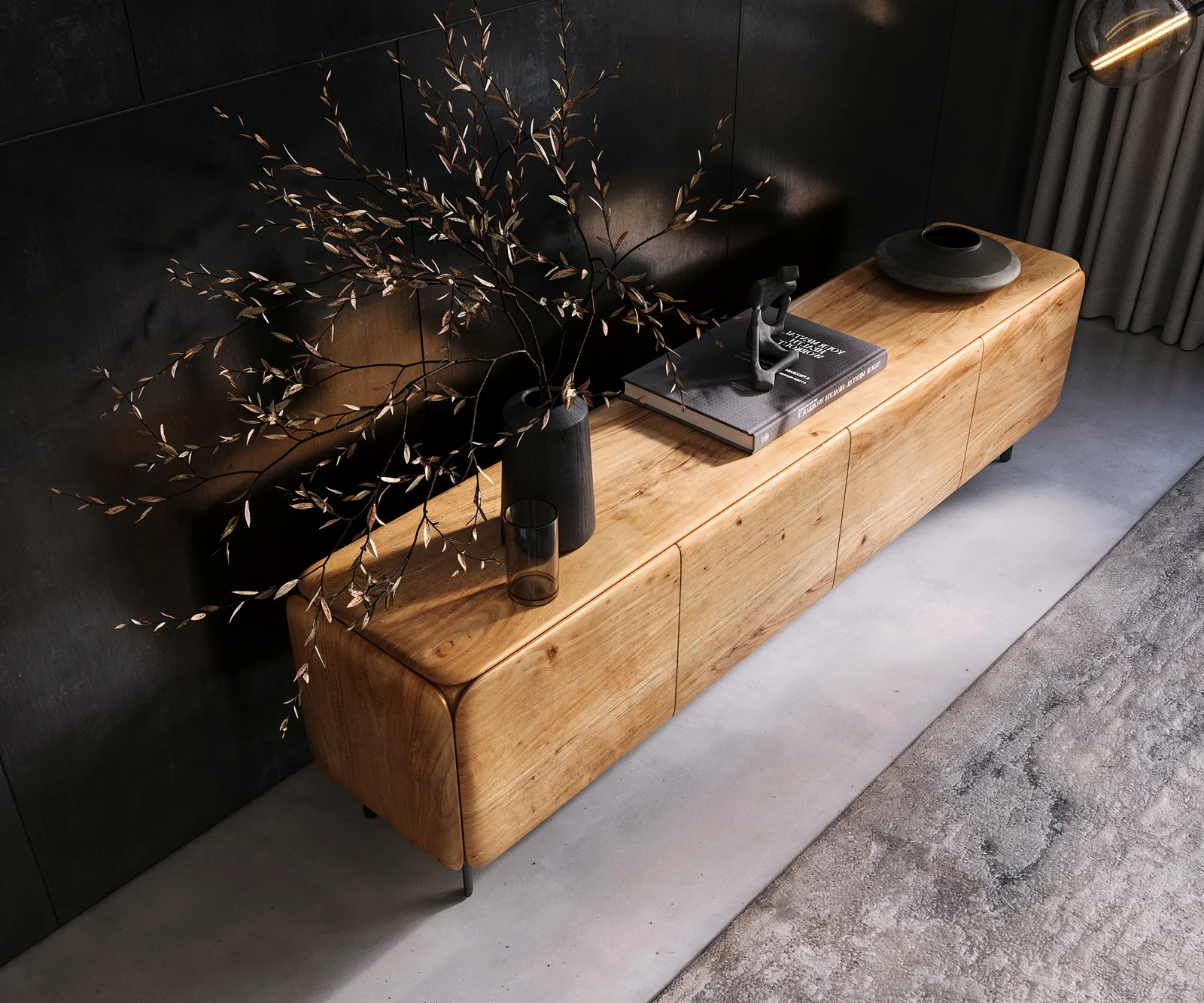 TV stolek Shavani 200 cm akácie přírodní 4 dvířka podnož oválná kov černá - Obrázek 4