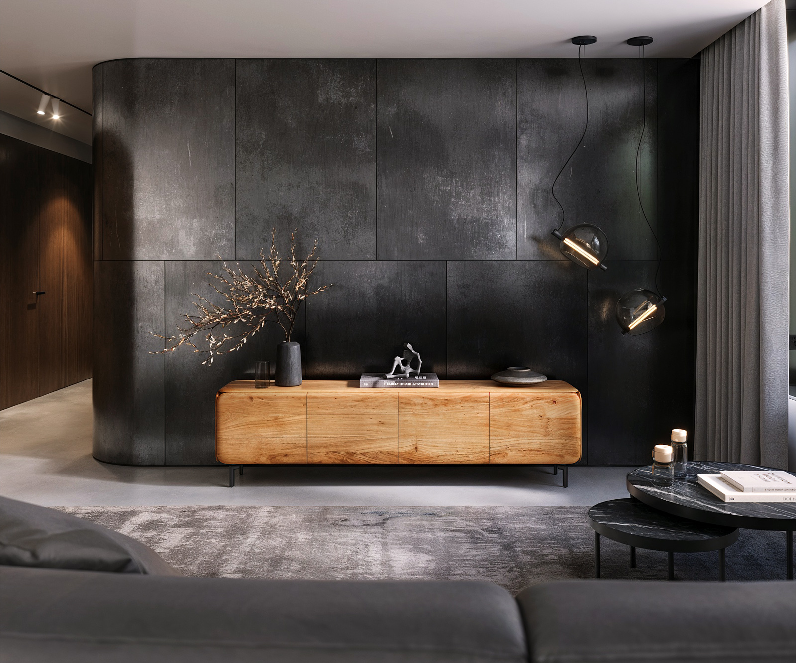 TV stolek Shavani 200 cm akácie přírodní 4 dvířka podnož oválná kov černá - Obrázek 2