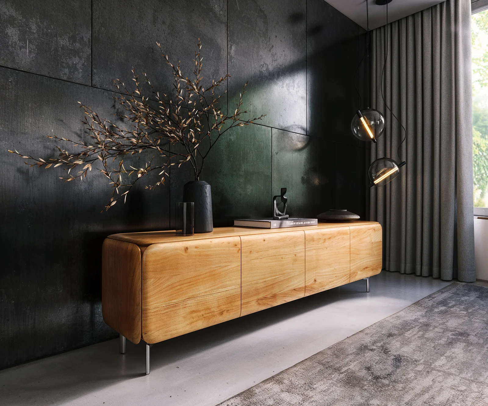 TV stolek Shavani 200 cm akácie přírodní 4 dvířka podnož oválná nerezová ocel