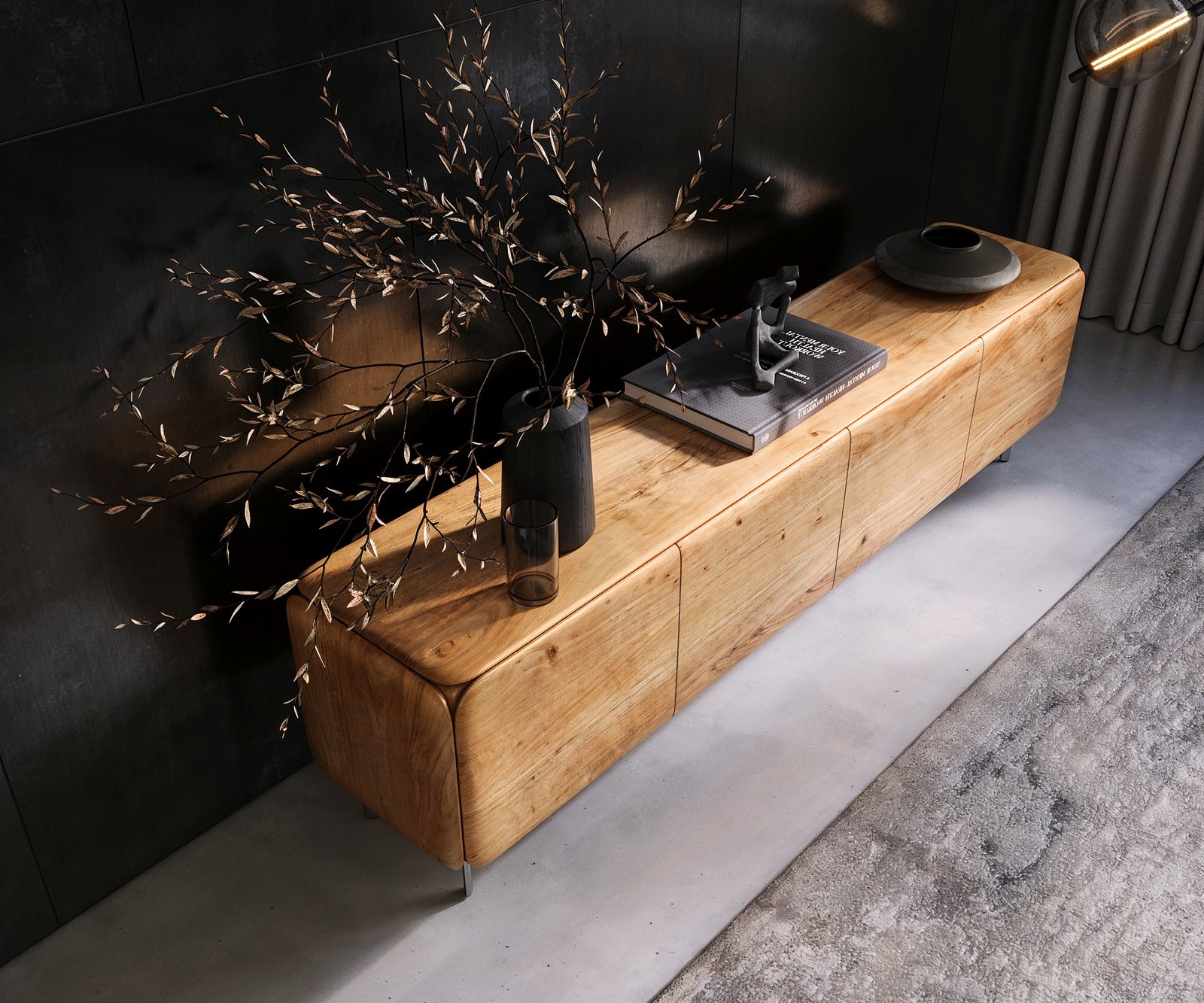 TV stolek Shavani 200 cm akácie přírodní 4 dvířka podnož oválná nerezová ocel - Obrázek 4