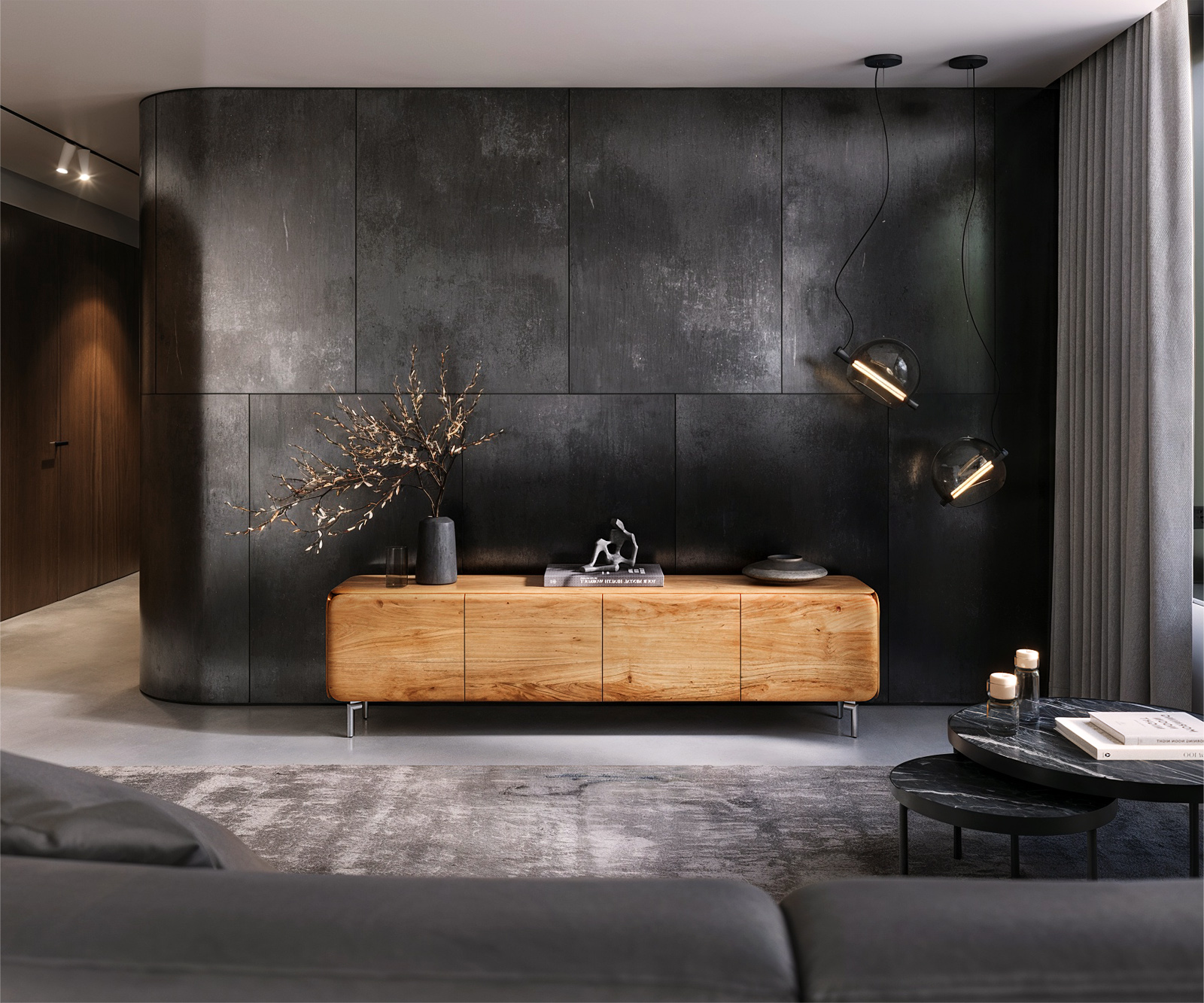 TV stolek Shavani 200 cm akácie přírodní 4 dvířka podnož oválná nerezová ocel - Obrázek 2