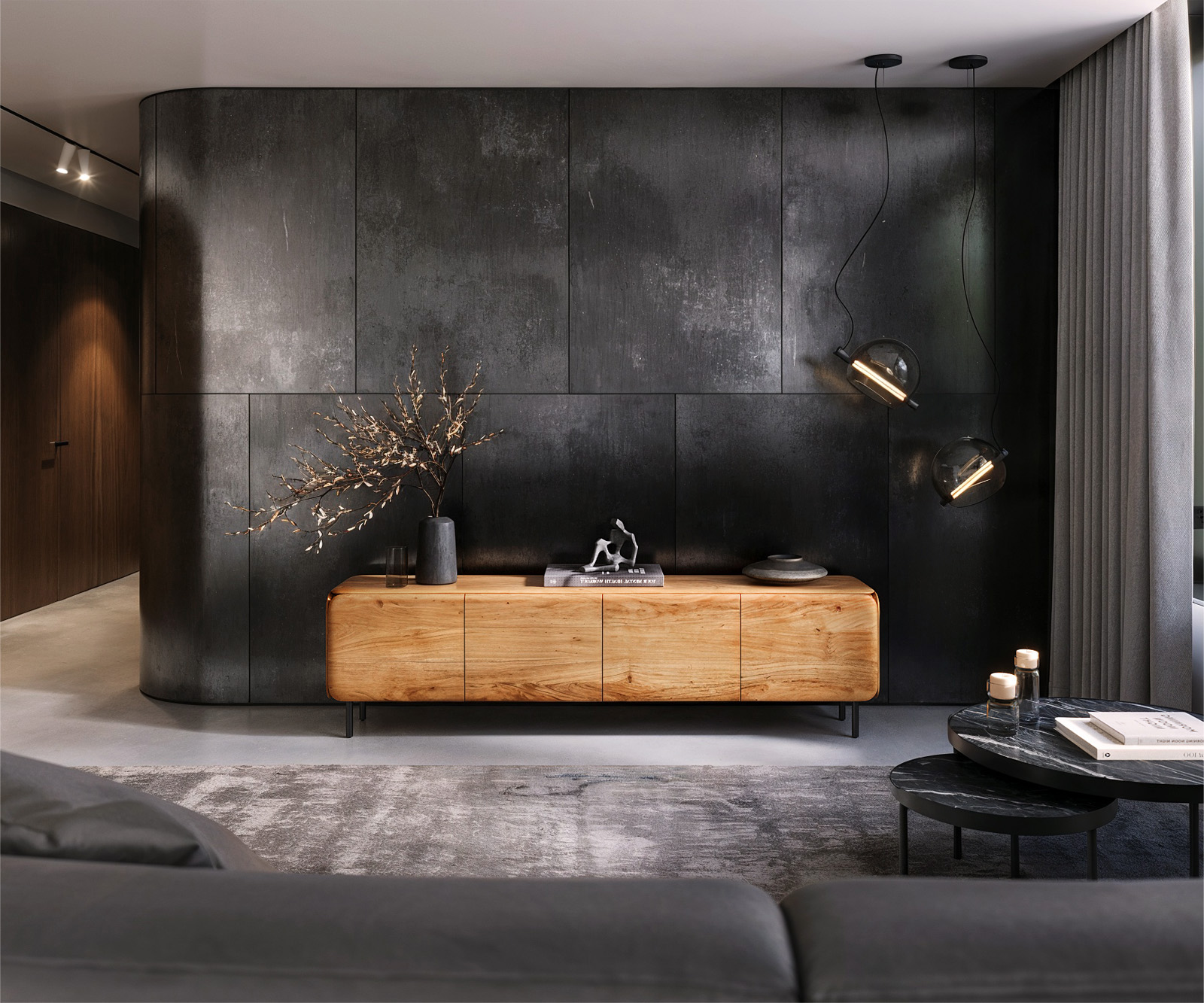 TV stolek Shavani 200 cm akácie přírodní 4 dvířka kulatá podnož kov černá - Obrázek 2