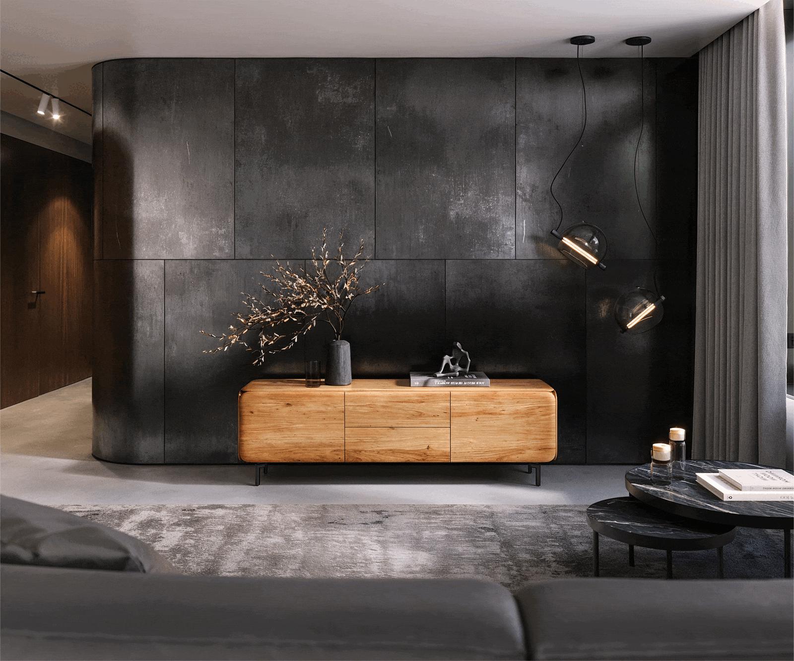 TV stolek Shavani 175 cm akácie přírodní 2 dvířka 2 zásuvky podnož oválná kov černá - Obrázek 2