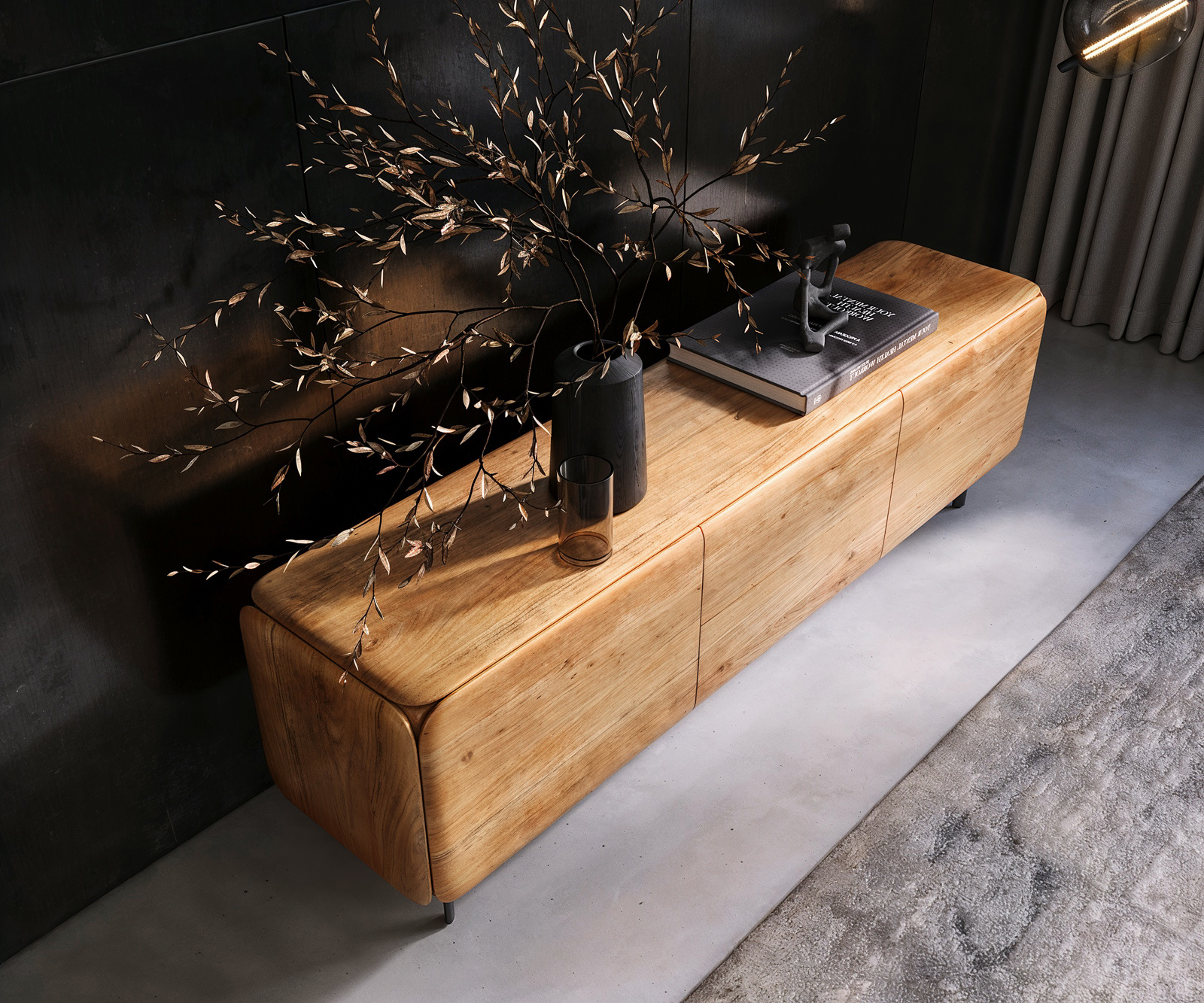 TV stolek Shavani 175 cm akácie přírodní 2 dvířka 2 zásuvky podnož oválná kov černá - Obrázek 4