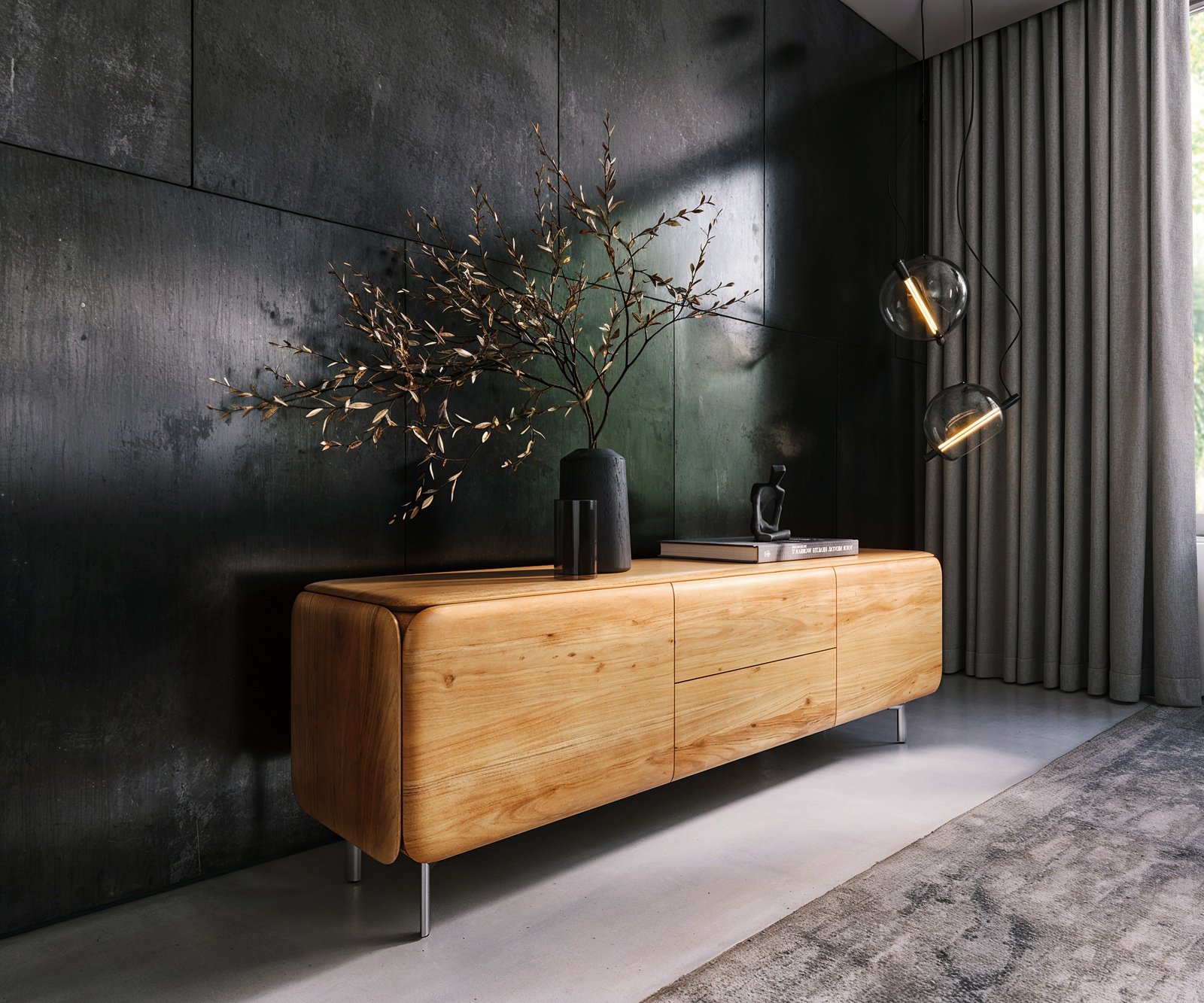 TV stolek Shavani 175 cm akácie přírodní 2 dvířka 2 zásuvky podnož oválná nerezová ocel