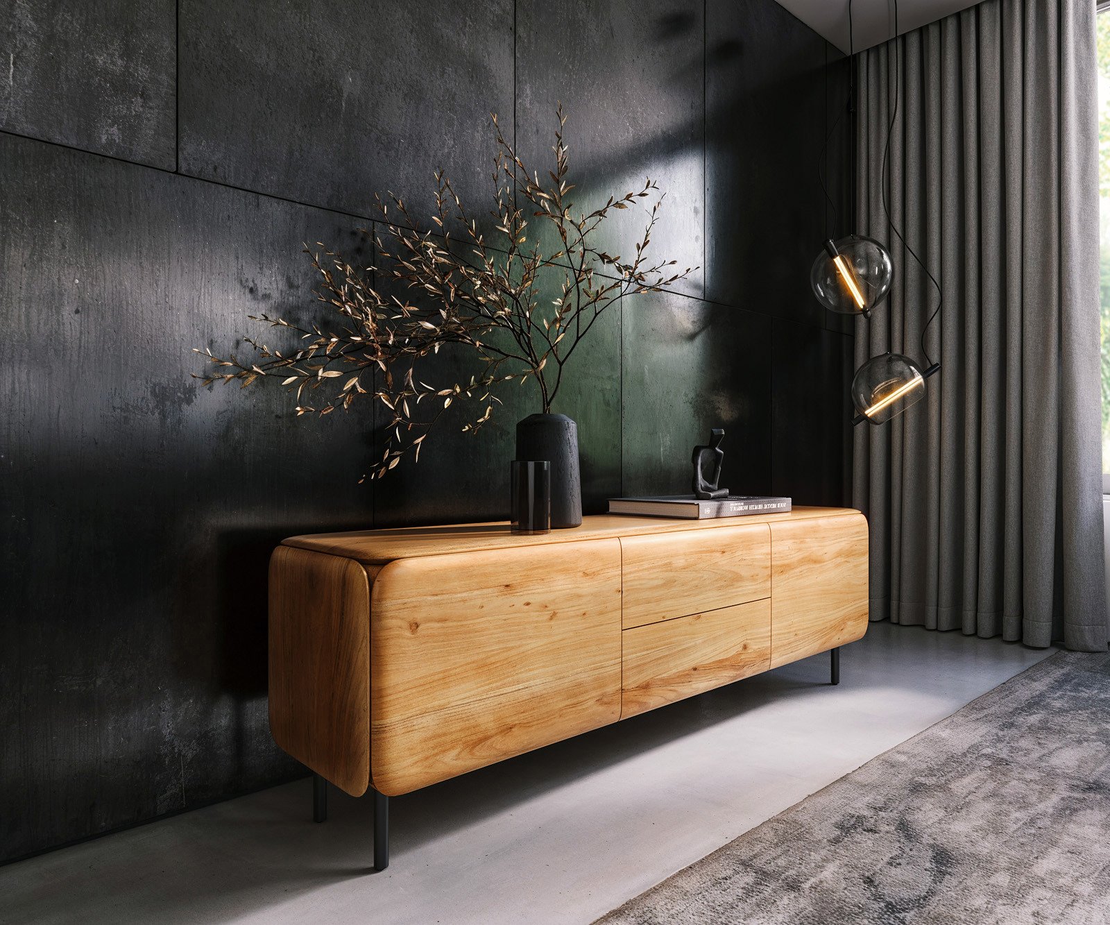 TV stolek Shavani 175 cm akácie přírodní 2 dvířka 2 zásuvky kulatá podnož kov černá