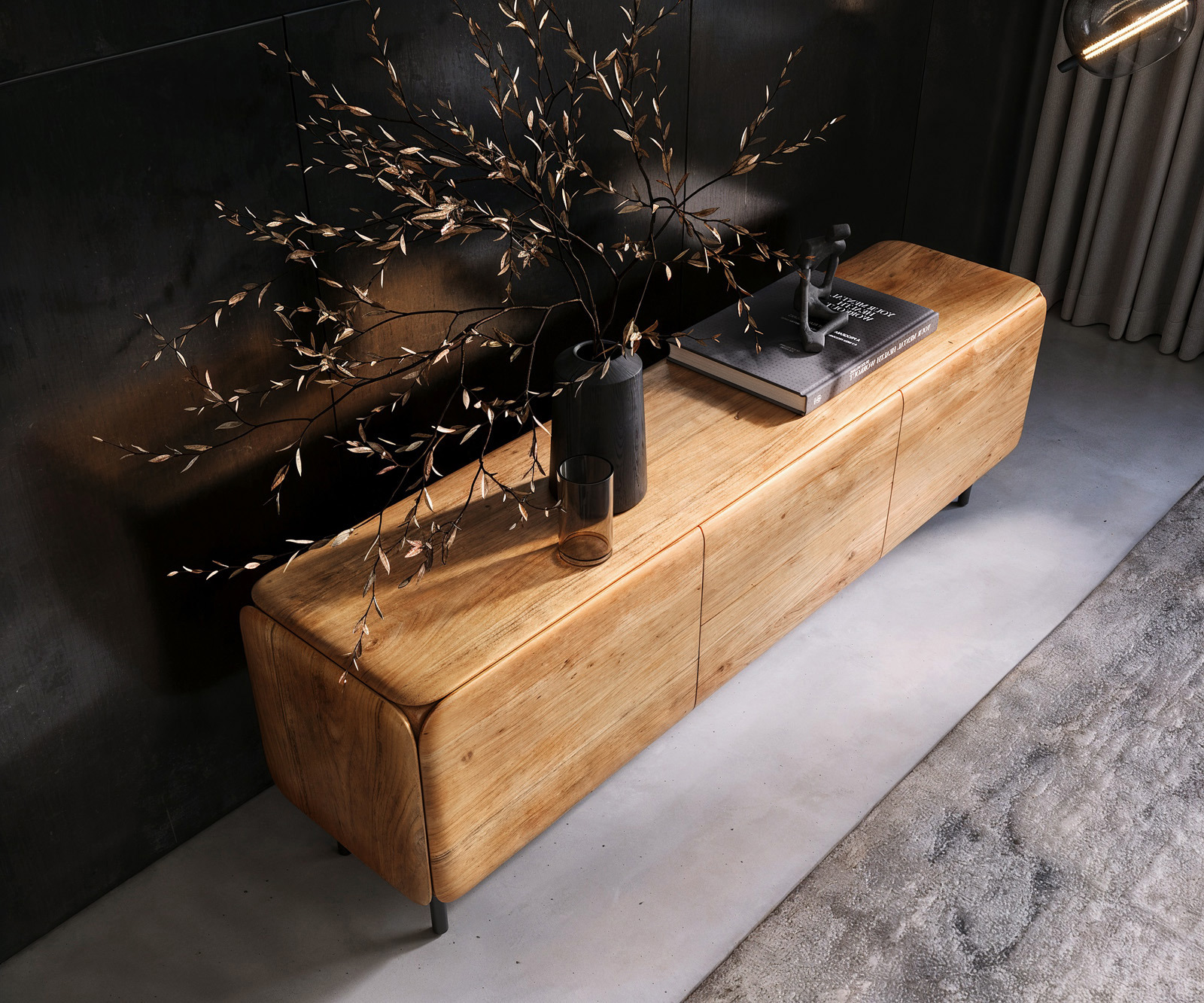 TV stolek Shavani 175 cm akácie přírodní 2 dvířka 2 zásuvky kulatá podnož kov černá - Obrázek 4