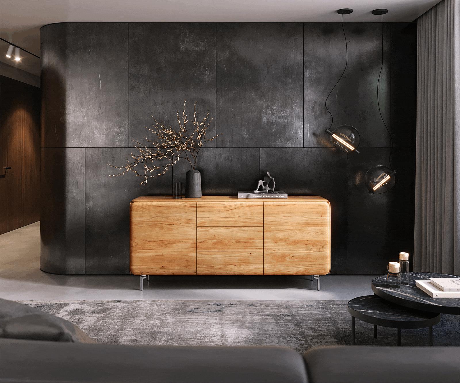 Komoda Shavani 175 cm akácie přírodní 2 dvířka 3 zásuvky podnož oválná nerezová ocel - Obrázek 2