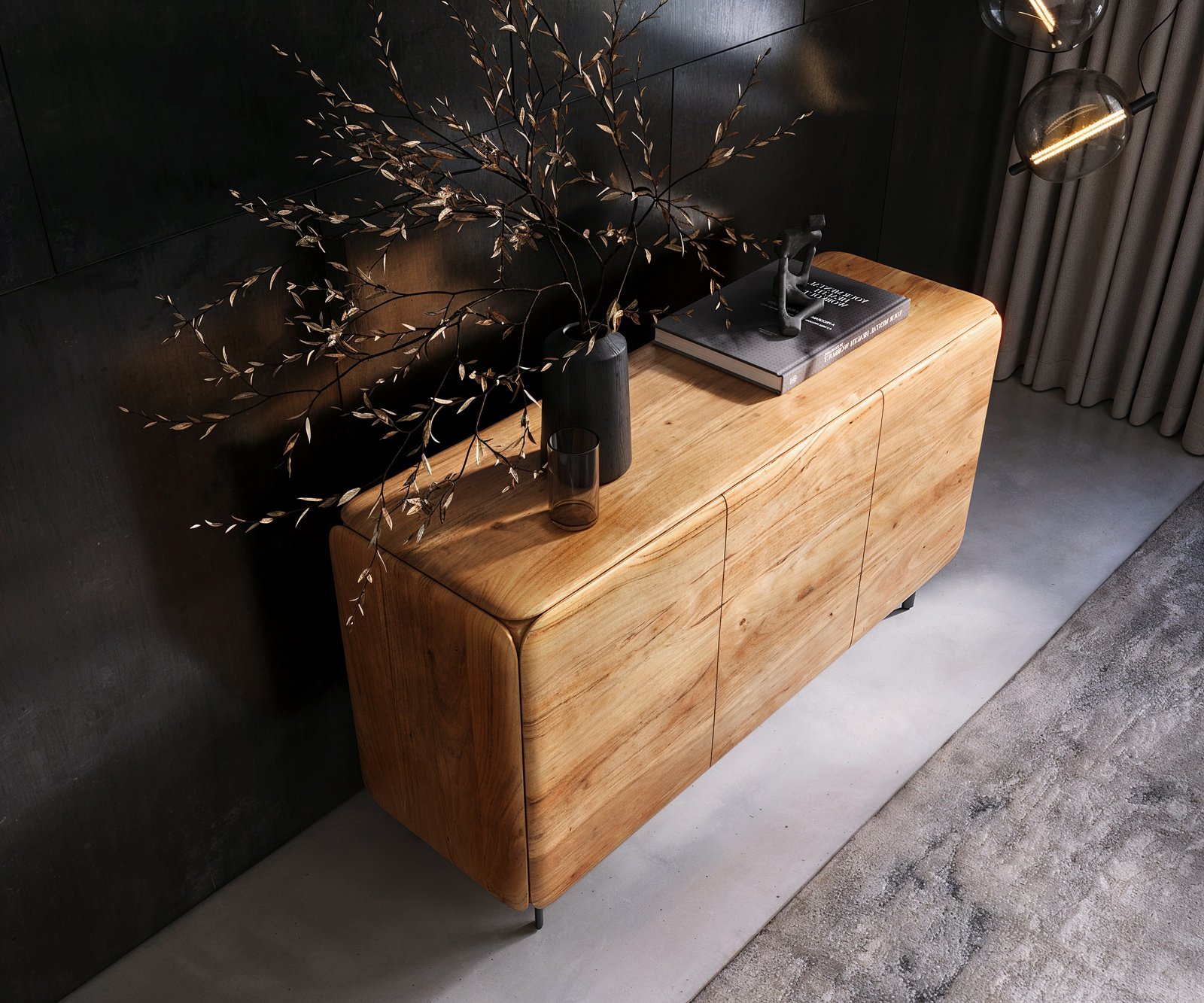 Komoda Shavani 145 cm akácie přírodní 2 dvířka 3 zásuvky podnož oválná kov černá - Obrázek 4