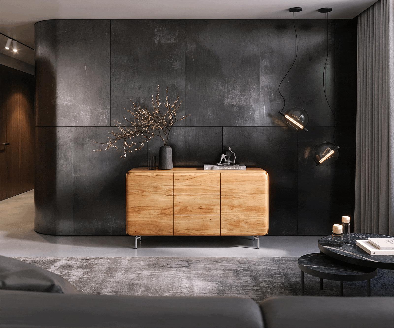 Komoda Shavani 145 cm akácie přírodní 2 dvířka 3 zásuvky podnož oválná nerezová ocel - Obrázek 2