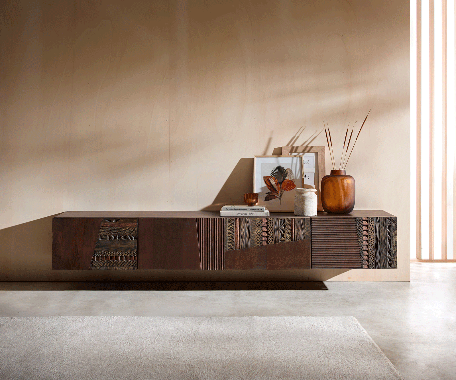 TV stolek Imara 200 cm mango hnědá 4 dvířka závěsný - Obrázek 4