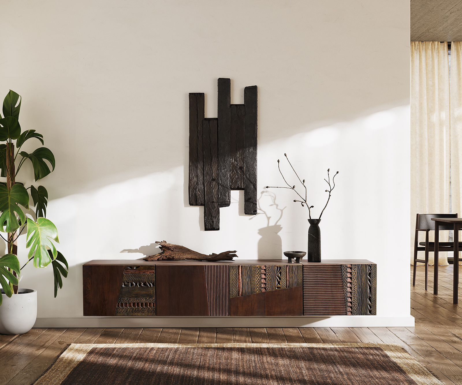 TV stolek Imara 200 cm mango hnědá 4 dvířka závěsný - Obrázek 2