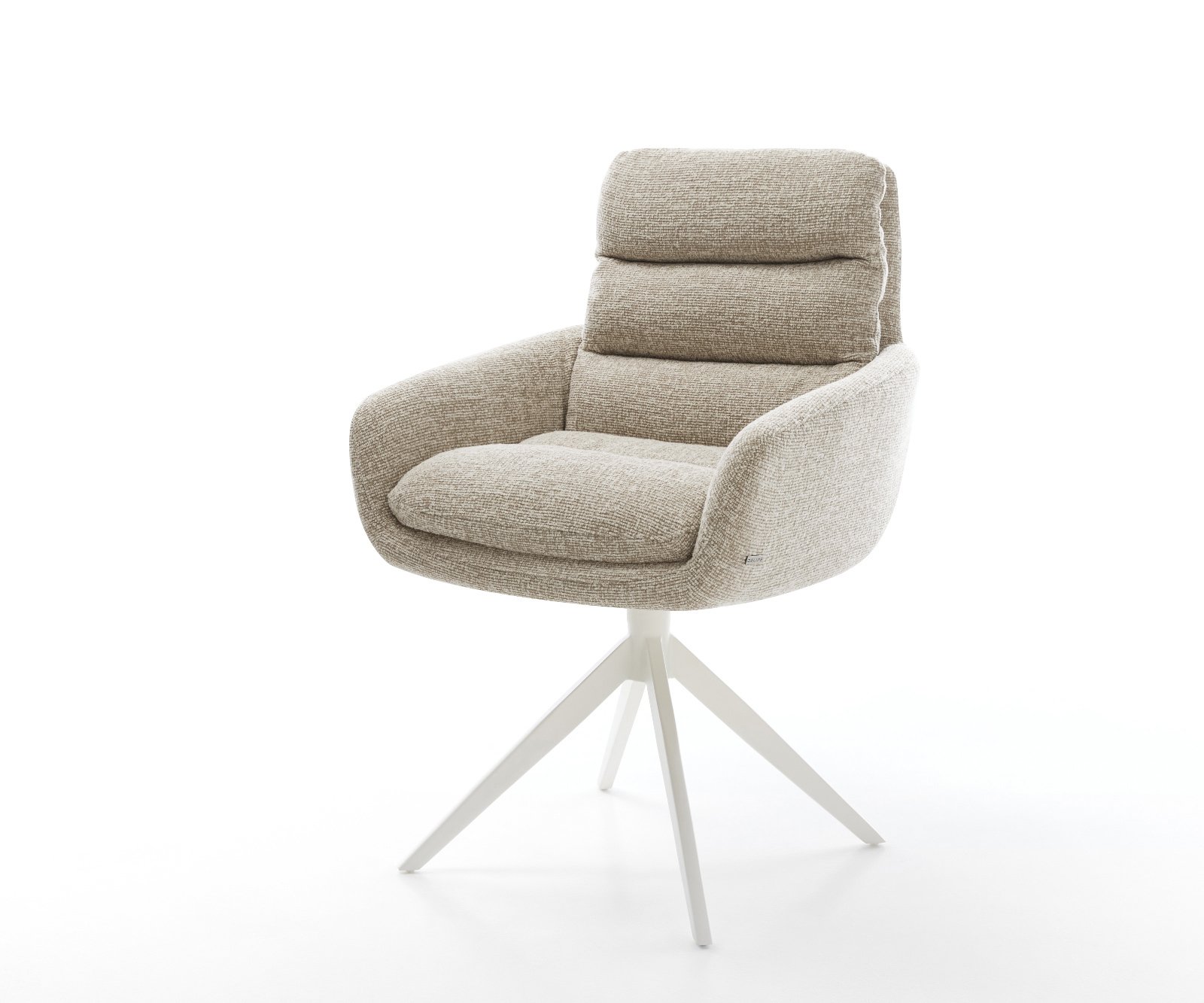 Jídelní židle Abelia-Flex s područkami látka Měkký béžová křížová podnož široká bílá otočný 360° houpací funkce