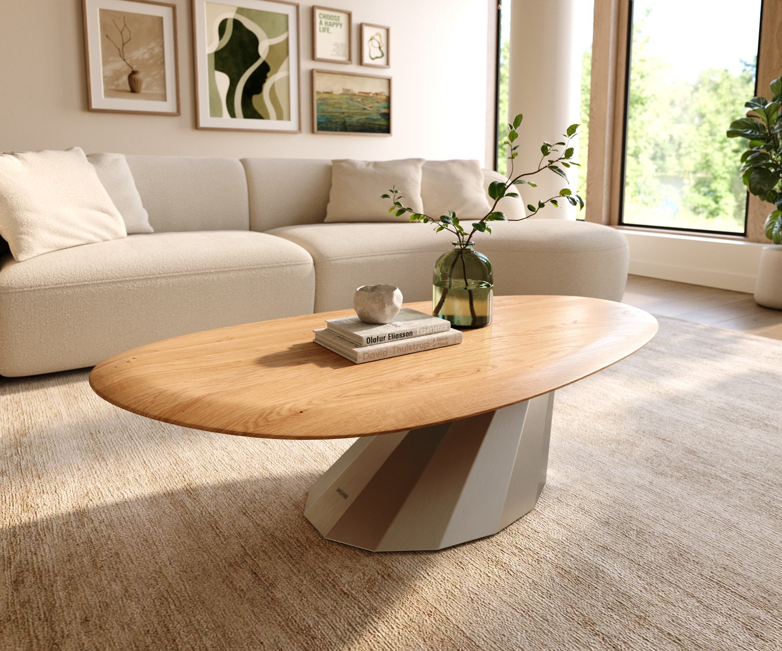 Konferenční stolek Edge oválný 140x75 cm dub přírodní kulatá hrana Parabi nerezová ocel broušená