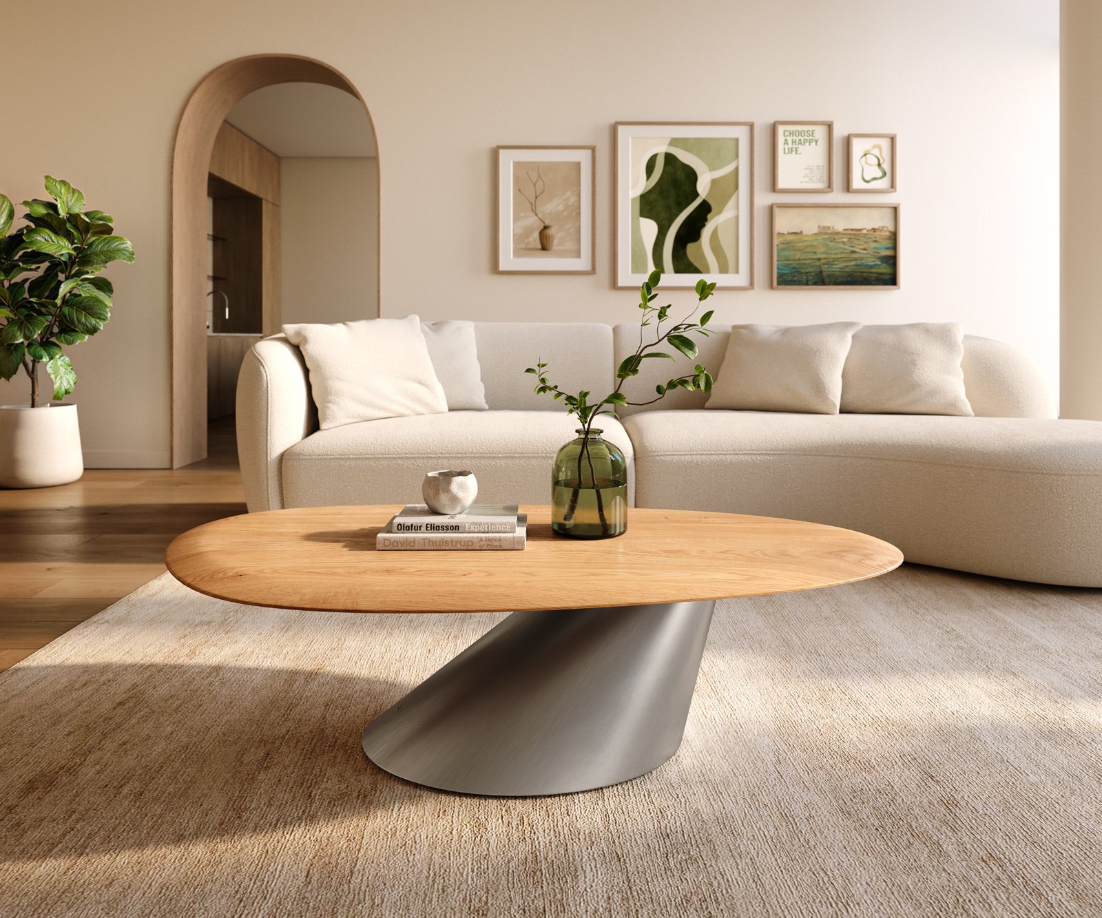 Konferenční stolek Edge oválný 140x75 cm dub přírodní kulatá hrana Conis nerezová ocel broušená - Obrázek 2