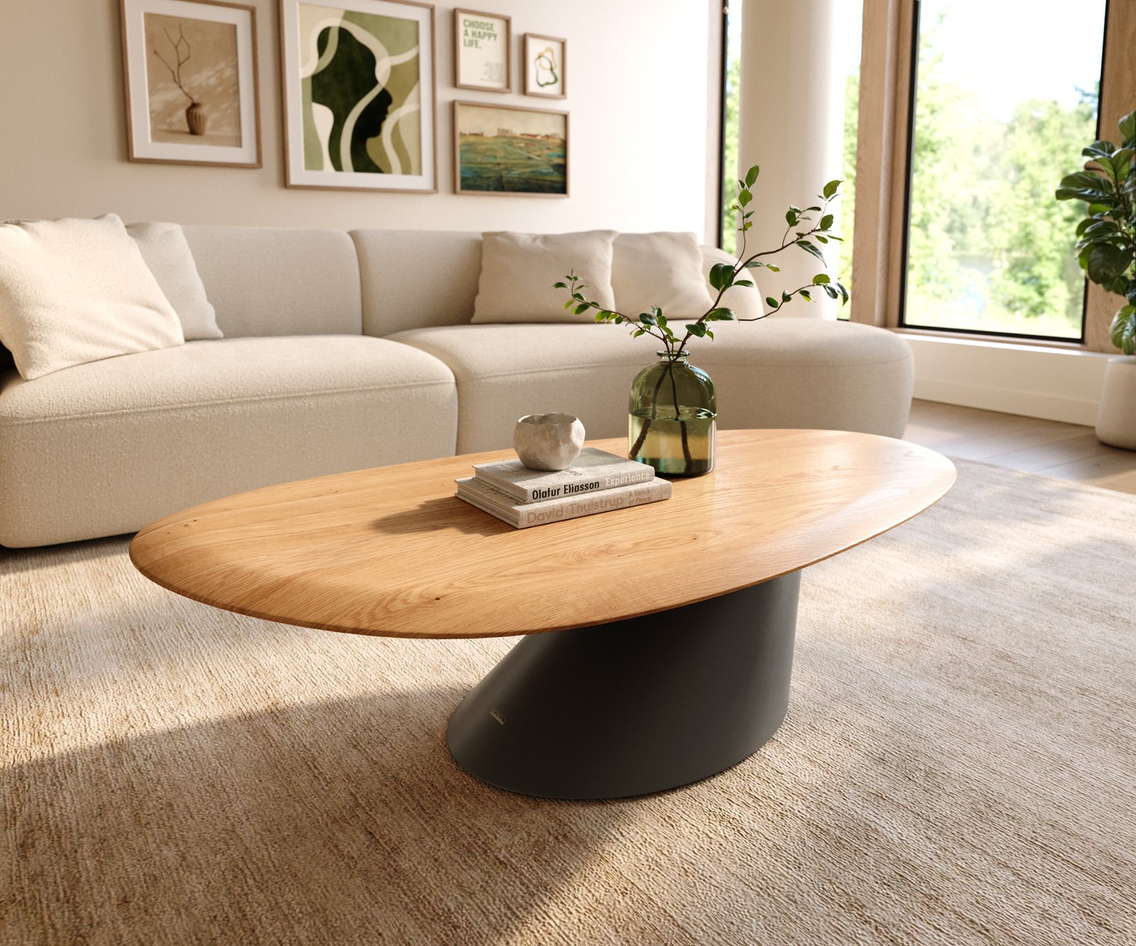 Konferenční stolek Edge oválný 140x75 cm dub přírodní kulatá hrana Conis kov černá