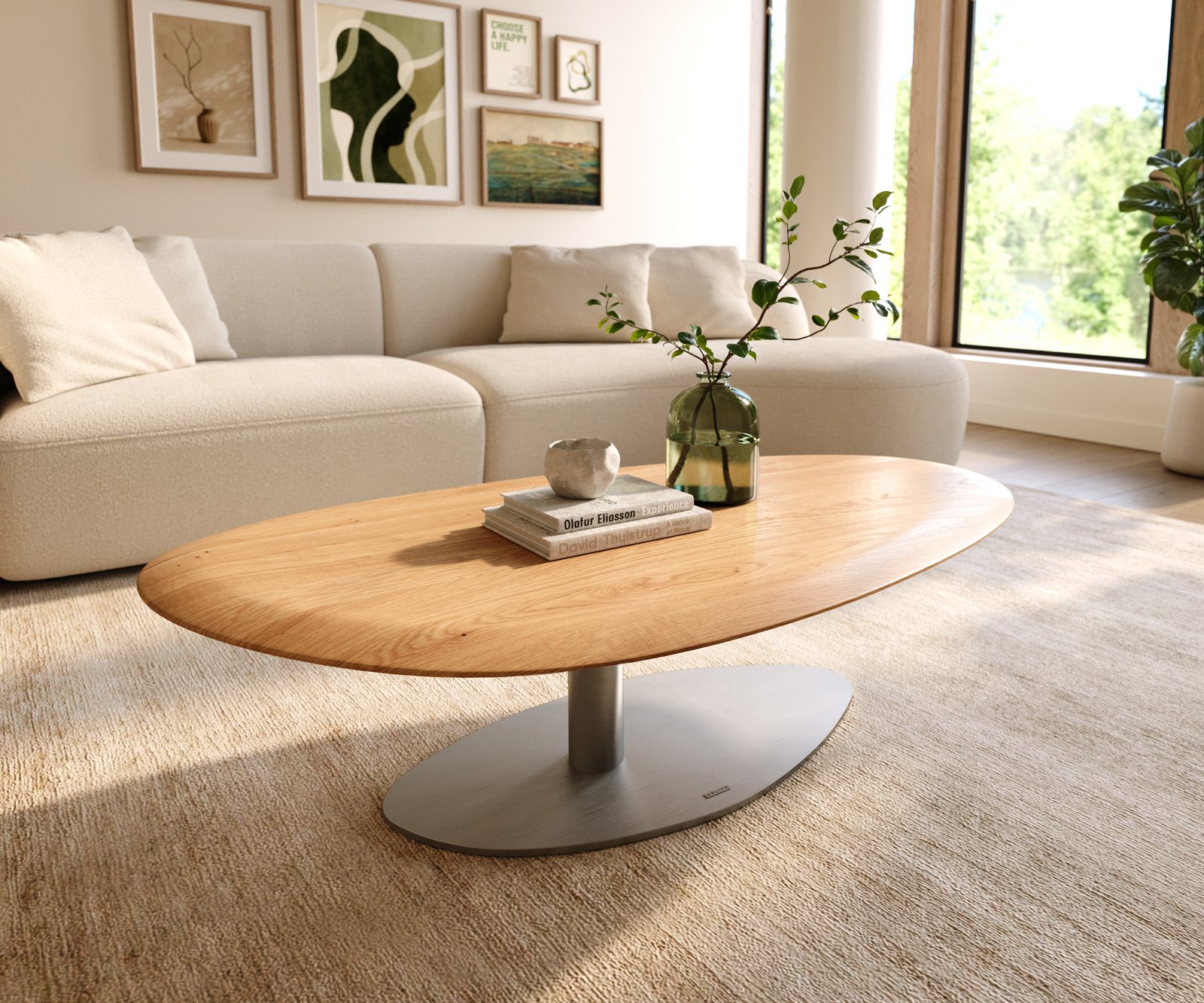Konferenční stolek Edge oválný 140x75 cm dub přírodní kulatá hrana Vibany nerezová ocel broušená - Obrázek 2