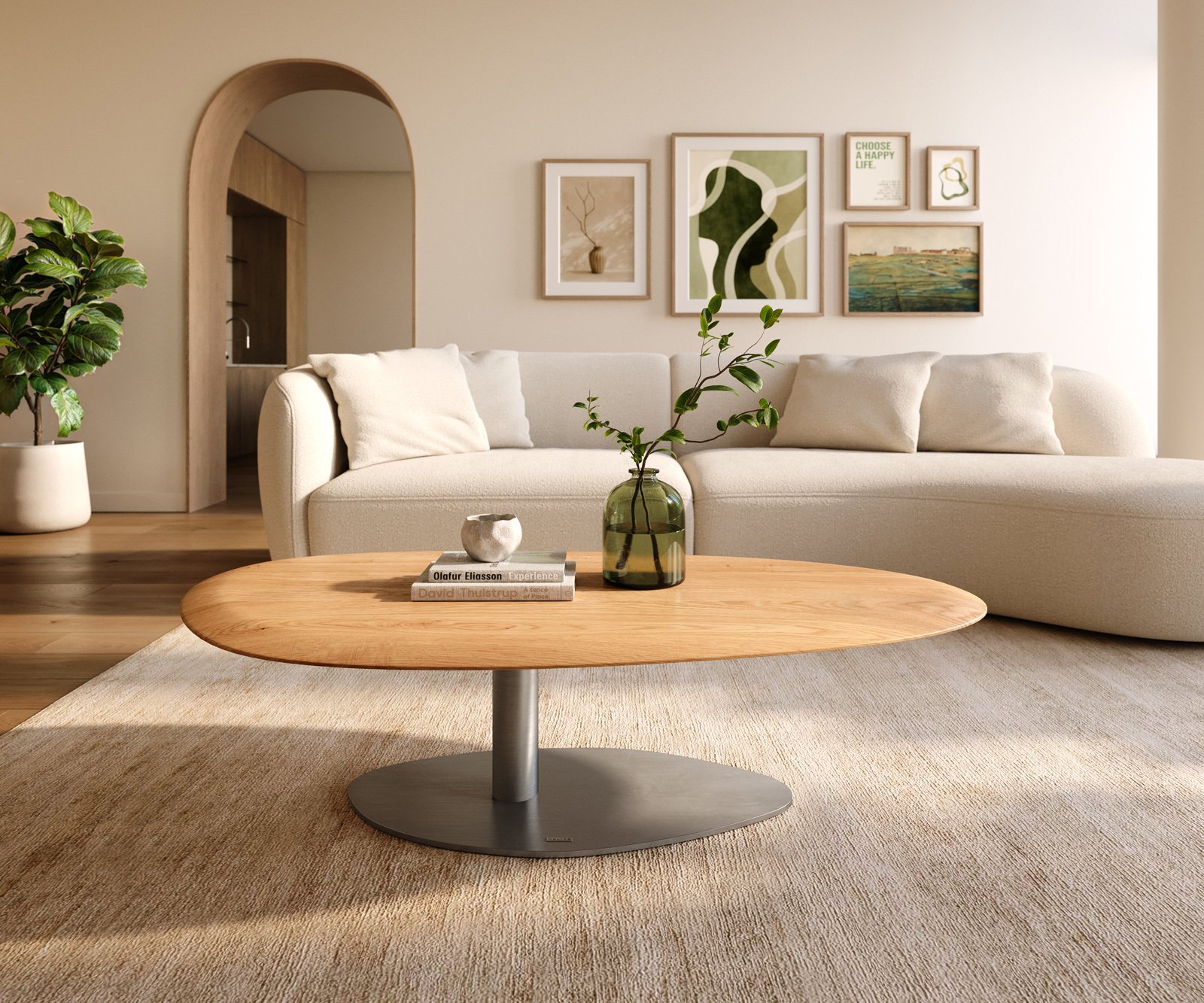 Konferenční stolek Edge oválný 140x75 cm dub přírodní kulatá hrana Vibany nerezová ocel broušená