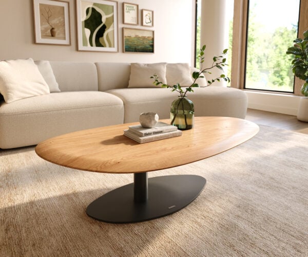 Konferenční stolek Edge oválný 140x75 cm dub přírodní kulatá hrana Vibany kov černá