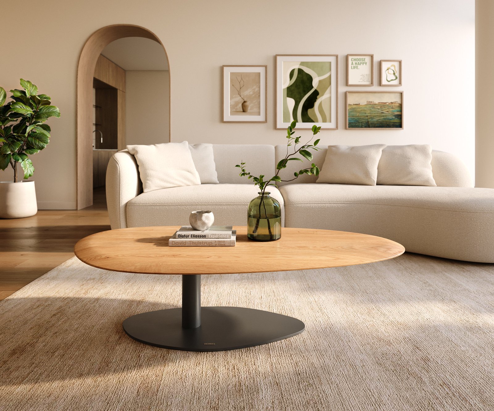 Konferenční stolek Edge oválný 140x75 cm dub přírodní kulatá hrana Vibany kov černá - Obrázek 2